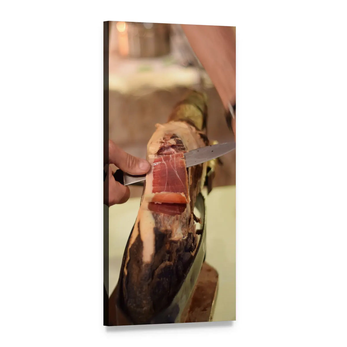 Butcher Slicing Ham Vertical Canvas Wall Art, 1 panel 1 Vertical layout gallery wrapped canvas set, angled product view