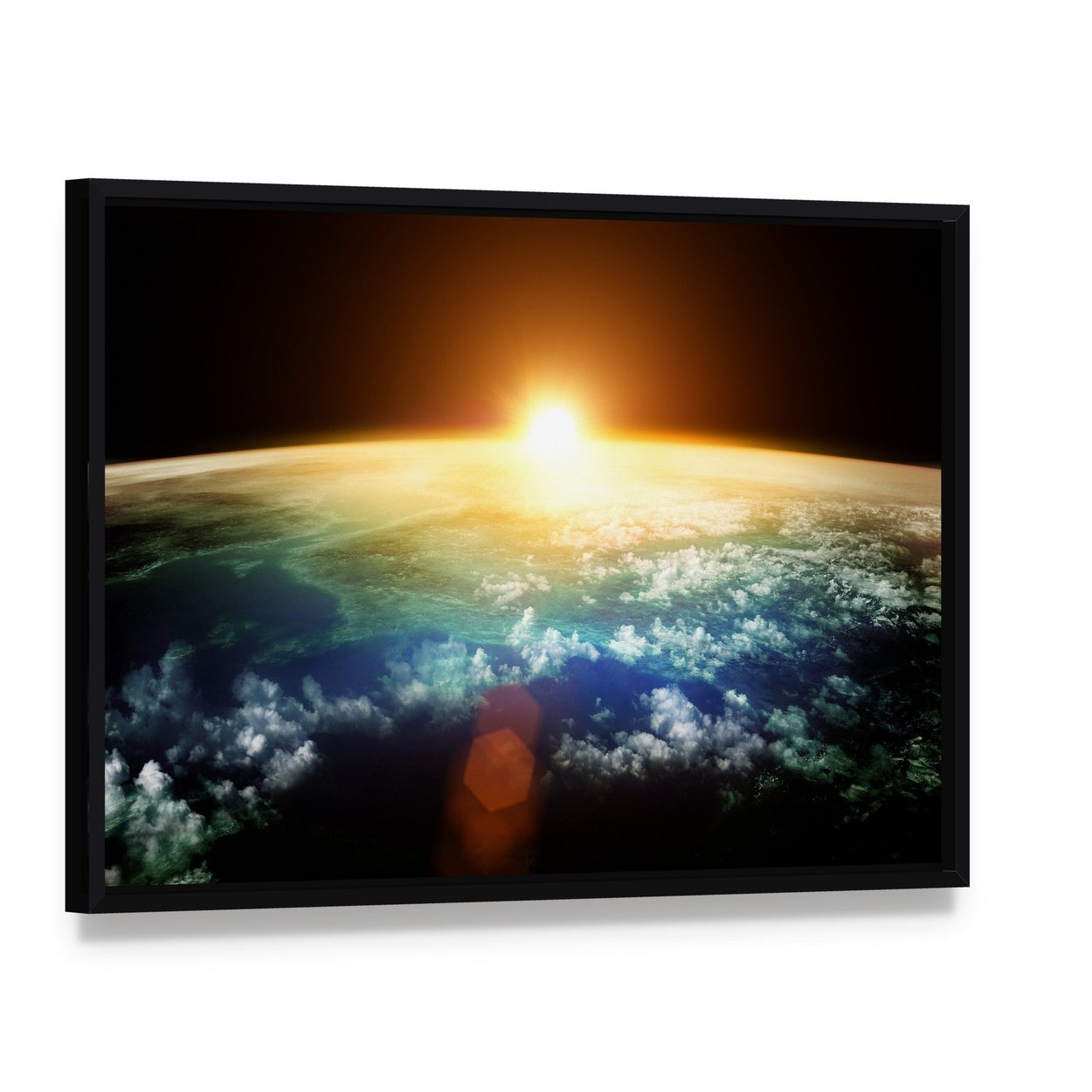Sunset on Planet Earth Canvas Wall Art, framed canvas in a black floater frame, angled product view