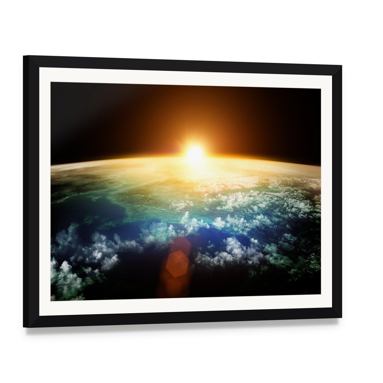 Sunset on Planet Earth Canvas Wall Art, framed print with white mat and black frame, angled product view
