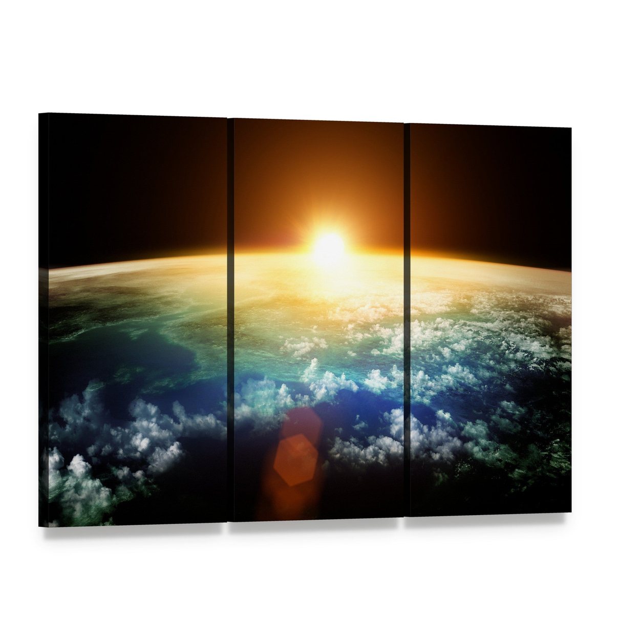 Sunset on Planet Earth Canvas Wall Art, 3 panel 3 Horizontal layout gallery wrapped canvas set, angled product view