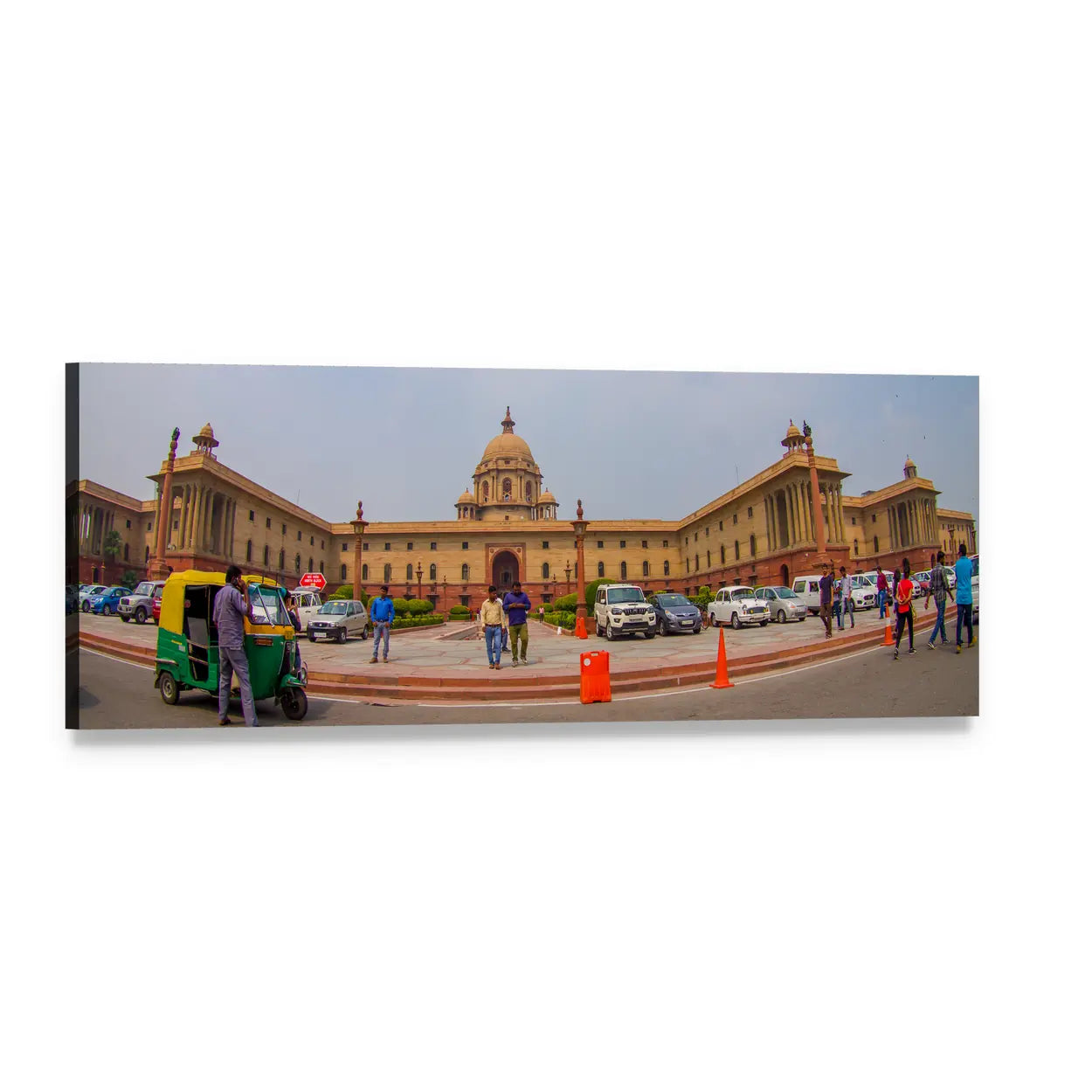 Rashtrapati Bhavan with Auto-rickshaw Panoramic Canvas Wall Art, single panel gallery wrapped canvas, angled product view