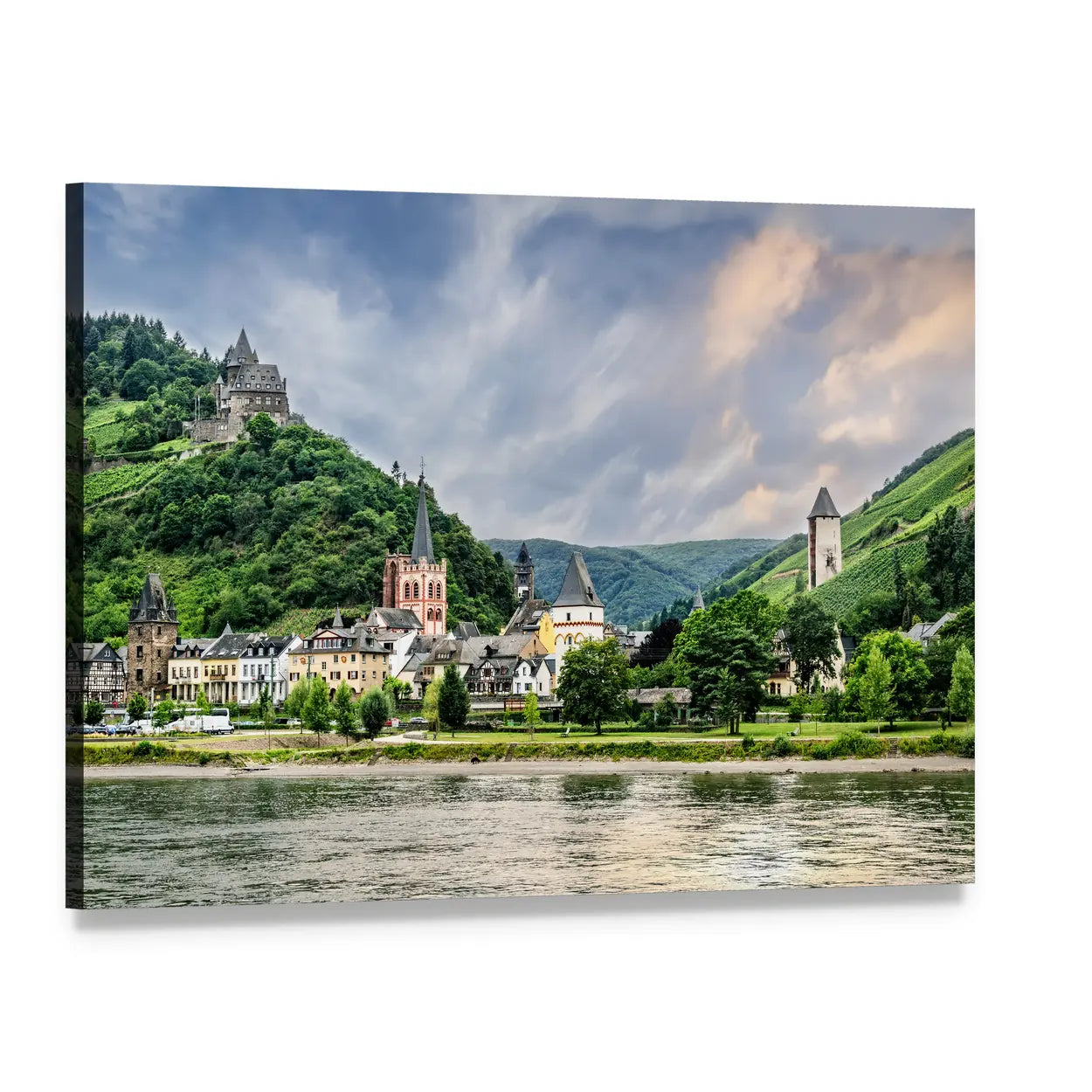 Bacharach Village with Castle and River Canvas Wall Art, single panel gallery wrapped canvas, angled product view