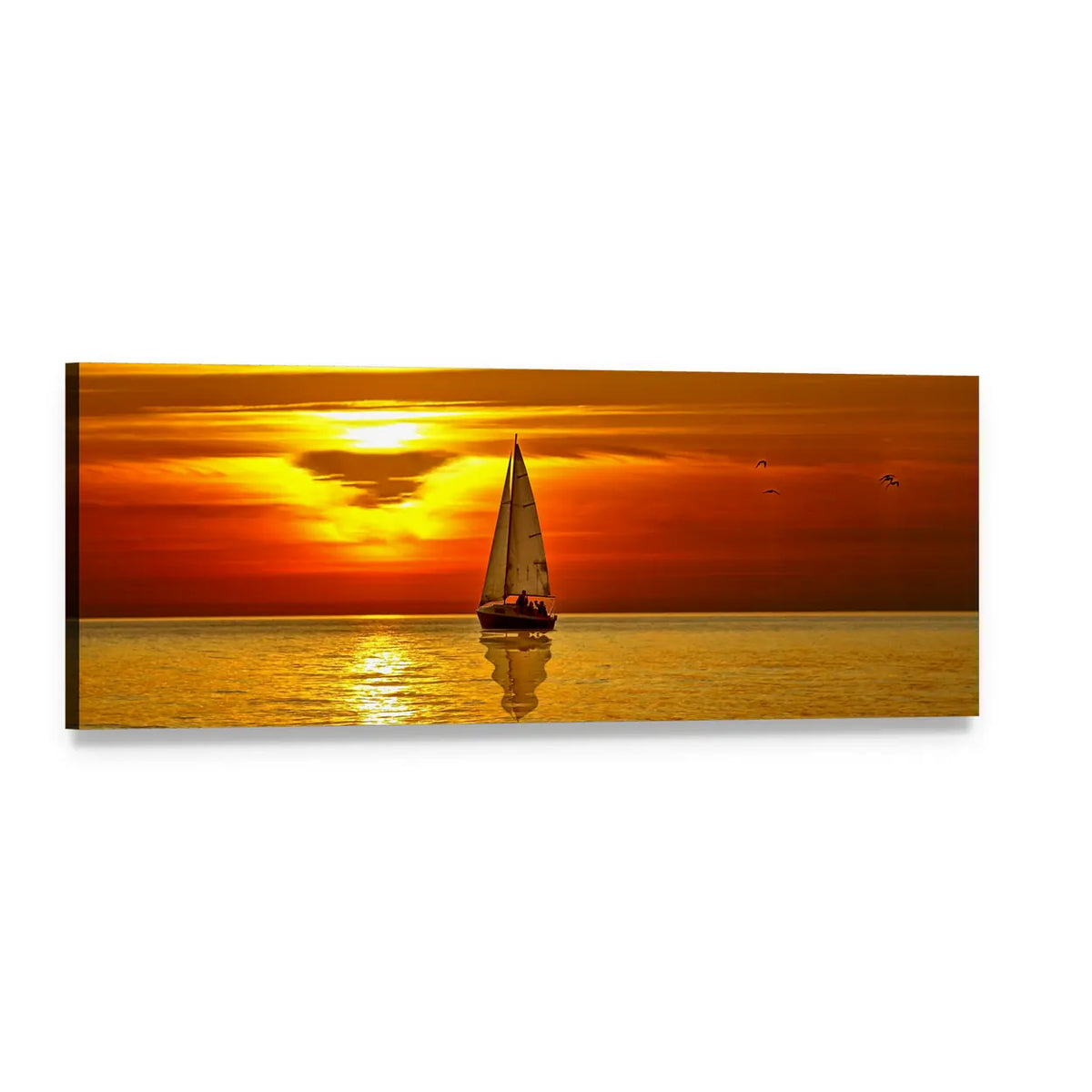 Sailboat at Sunset with Golden Reflection Panoramic Canvas Wall Art, single panel gallery wrapped canvas, angled product view