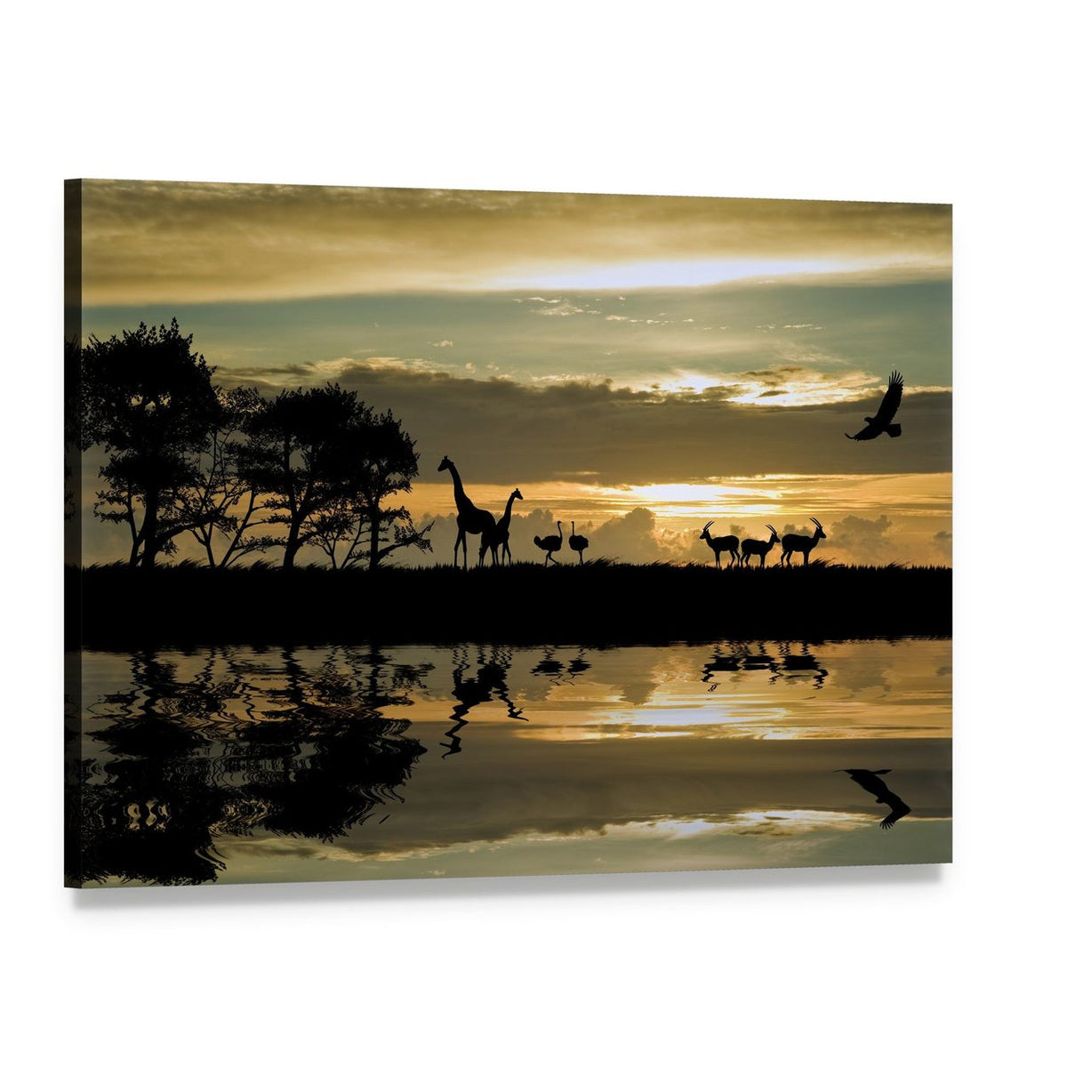 Savanna Animal Silhouettes at Sunset Canvas Wall Art, single panel gallery wrapped canvas, angled product view