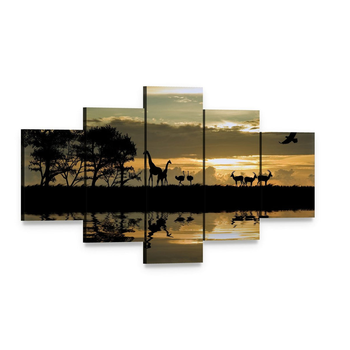 Savanna Animal Silhouettes at Sunset Canvas Wall Art, 5 panel 5 Star layout gallery wrapped canvas set, angled product view