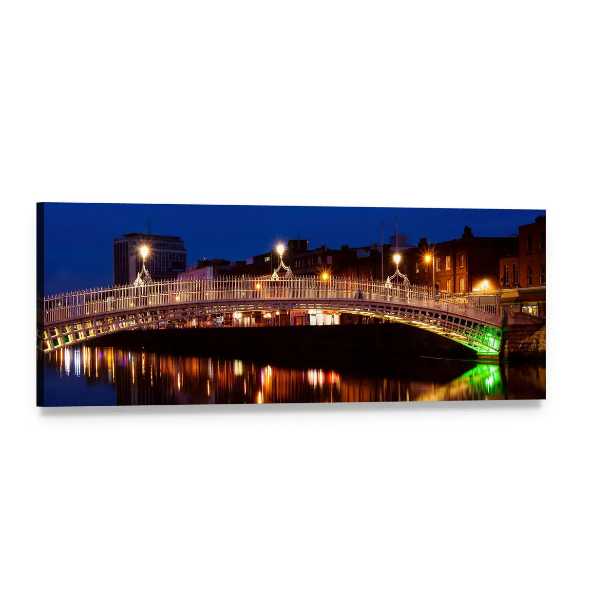 Ha'penny Bridge at Night Panoramic Canvas Wall Art, single panel gallery wrapped canvas, angled product view