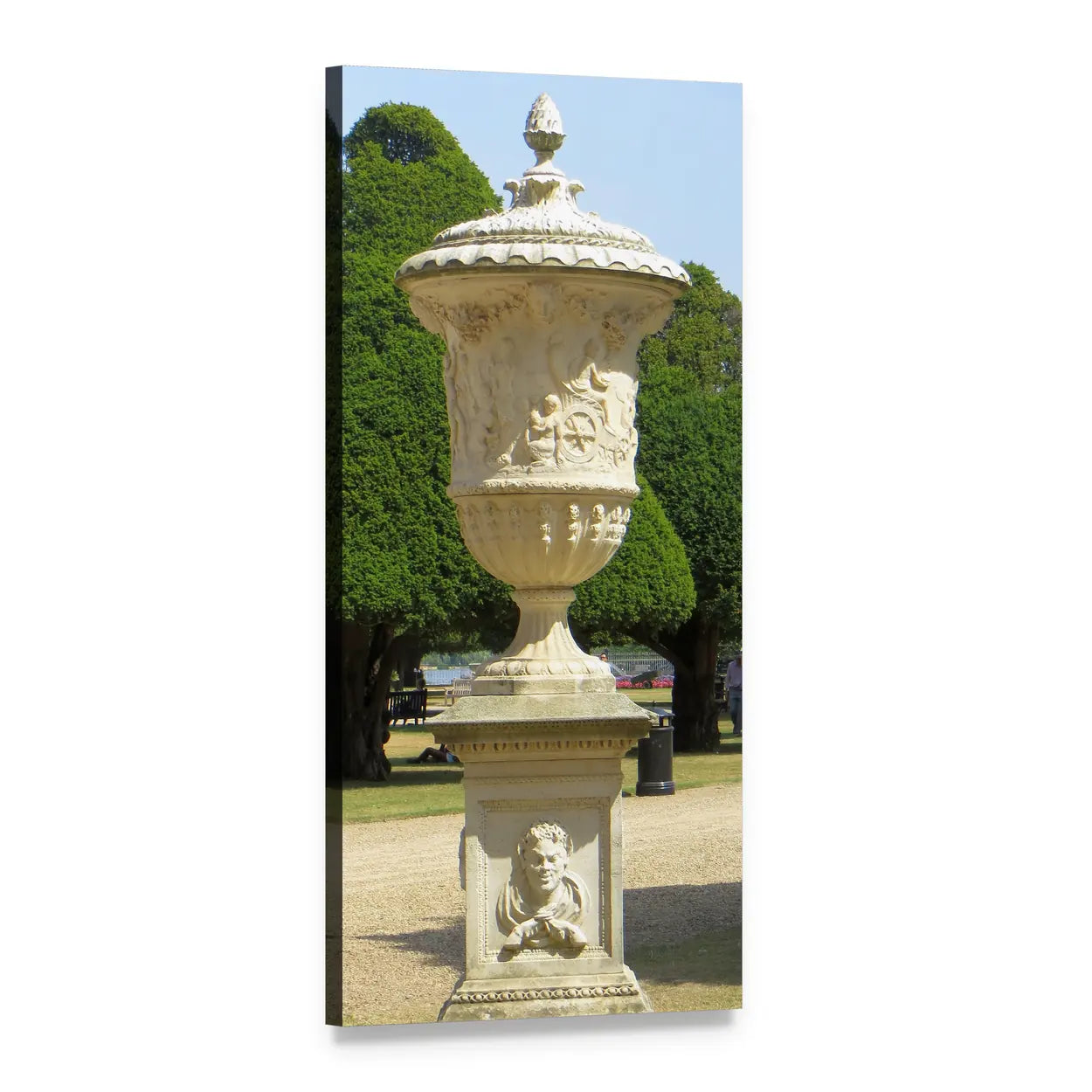 Ornate Stone Urn in Formal Garden Vertical Canvas Wall Art, 1 panel 1 Vertical layout gallery wrapped canvas set, angled product view