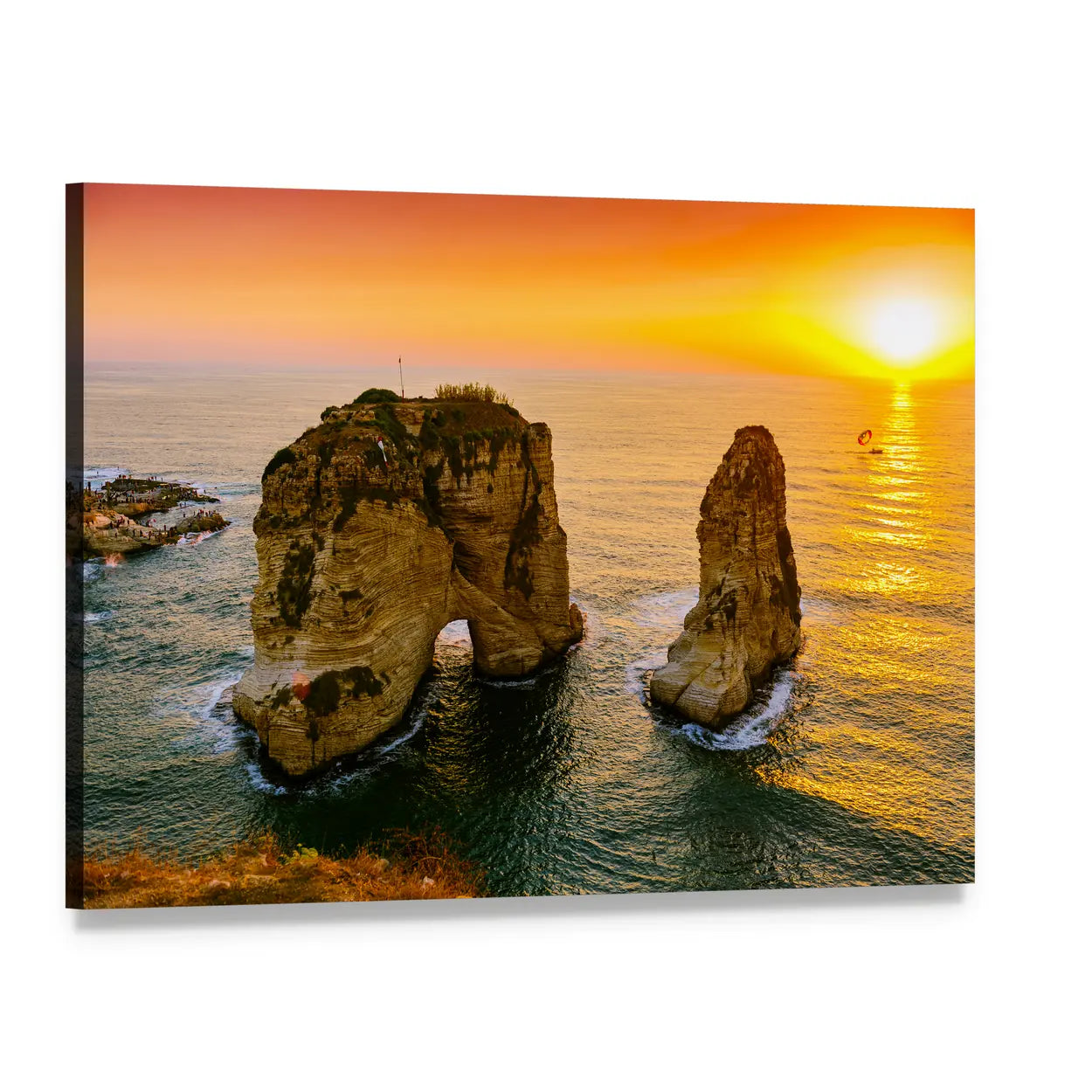 Raouche Pigeons Rock at Sunset Canvas Wall Art, single panel gallery wrapped canvas, angled product view