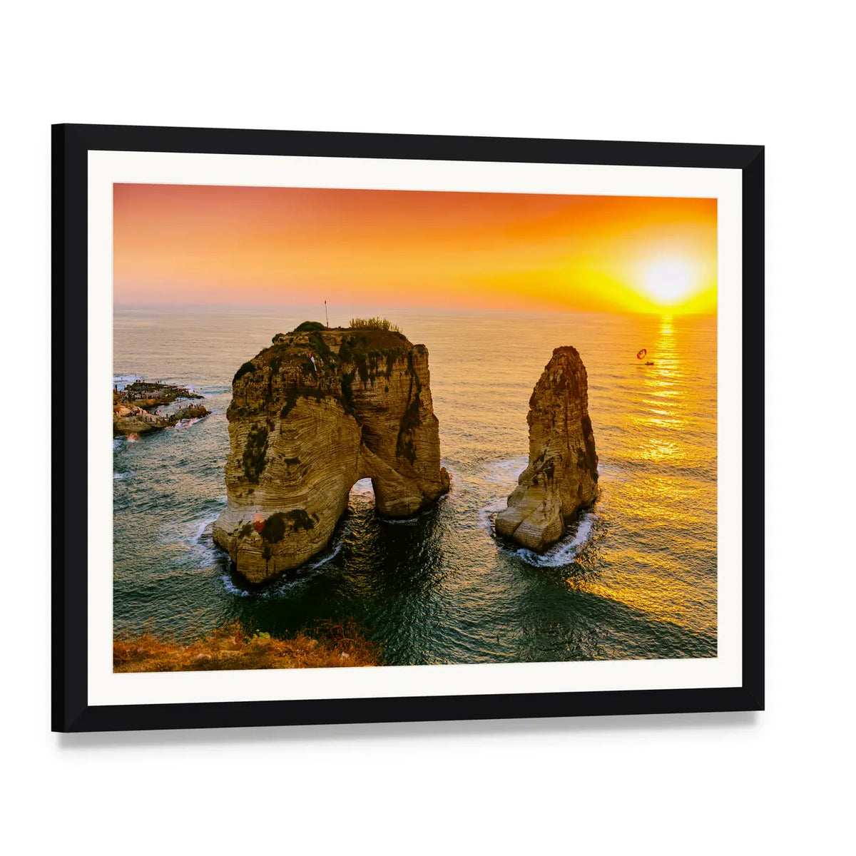 Sunset Over Sea Stacks Canvas Wall Art, framed print with white mat and black frame, angled product view