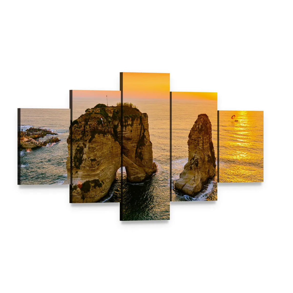 Sunset Over Sea Stacks Canvas Wall Art, 5 panel 5 Star layout gallery wrapped canvas set, angled product view