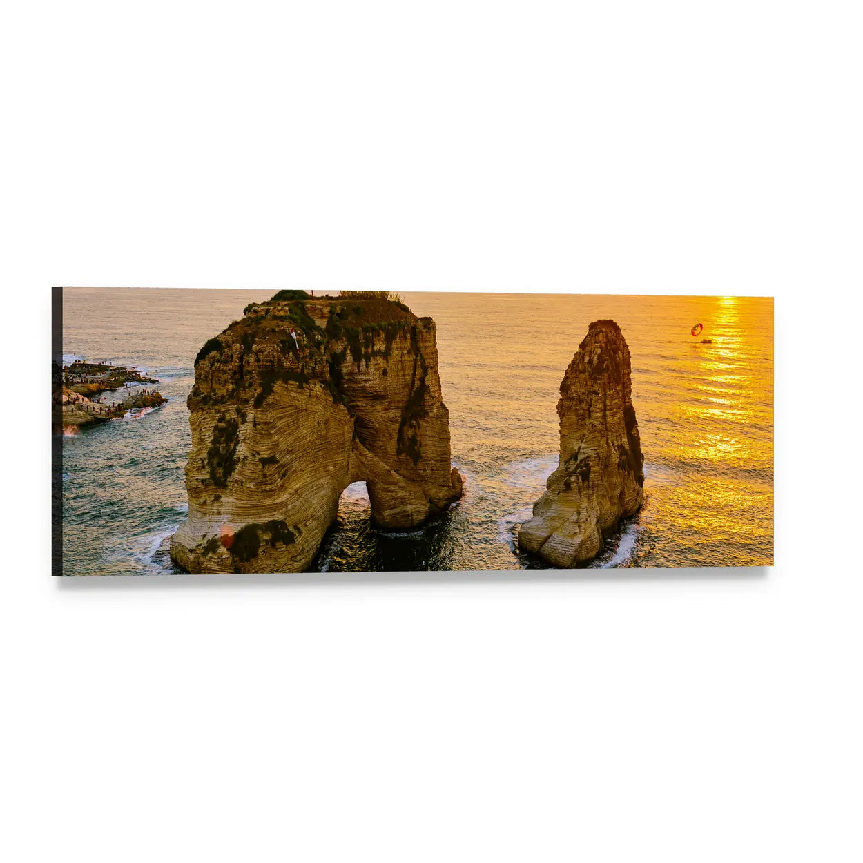 Sunset Over Pigeon Rocks Panoramic Canvas Wall Art, single panel gallery wrapped canvas, angled product view