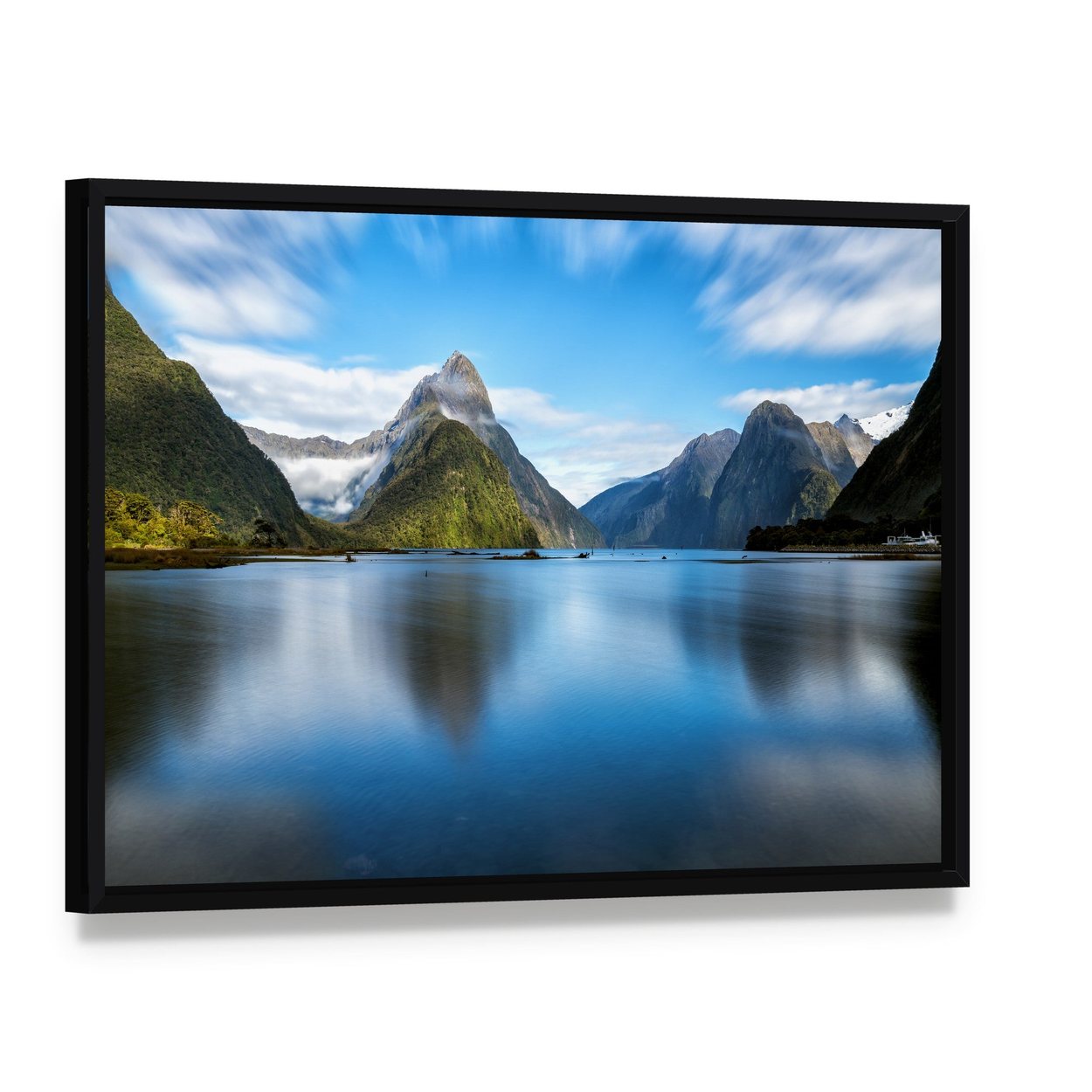 Mitre Peak Reflected in Lake Canvas Wall Art, framed canvas in a black floater frame, angled product view
