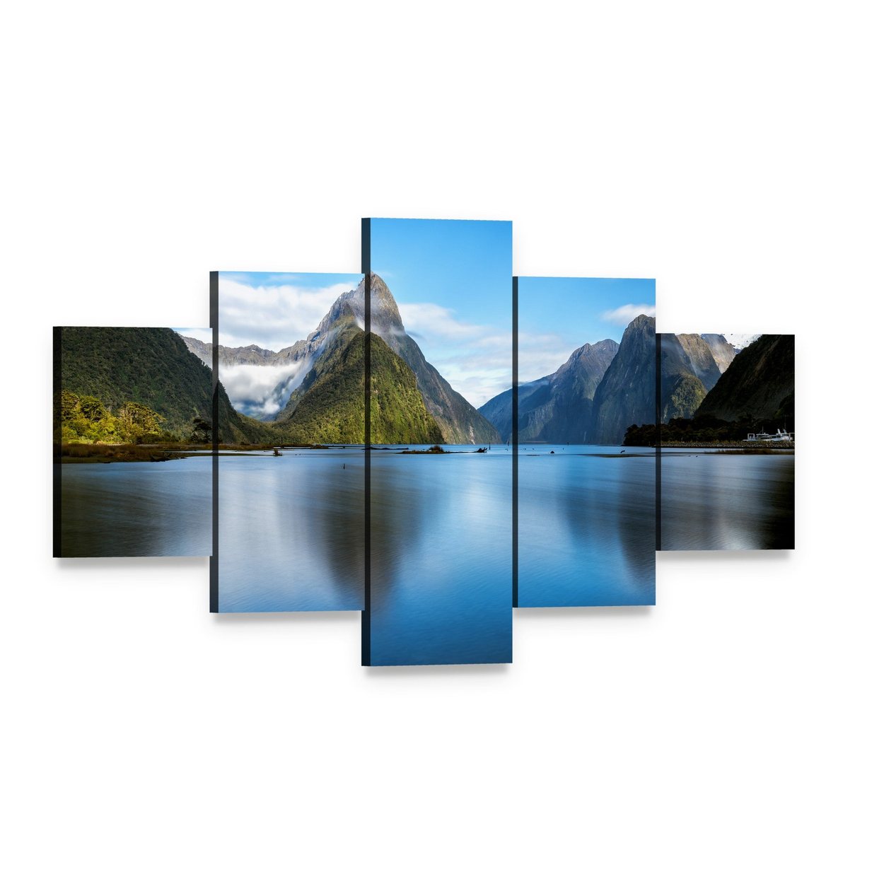 Mitre Peak Reflected in Lake Canvas Wall Art, 5 panel 5 Star layout gallery wrapped canvas set, angled product view