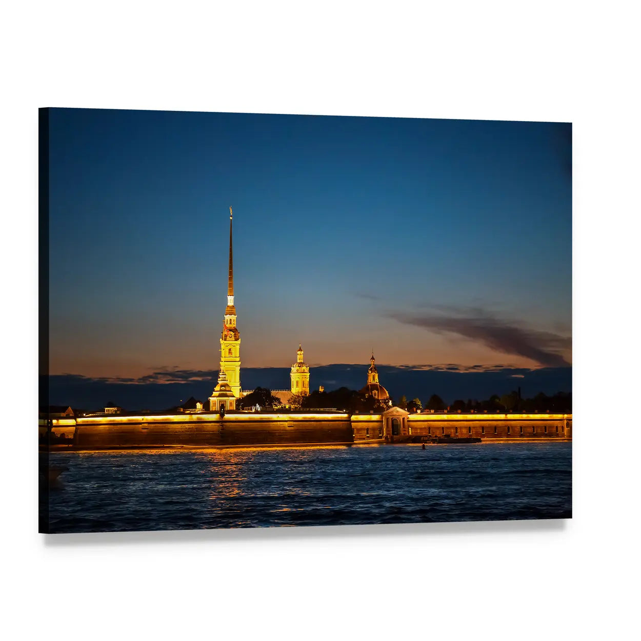 Peter and Paul Fortress on Hare Island at Night Canvas Wall Art, single panel gallery wrapped canvas, angled product view