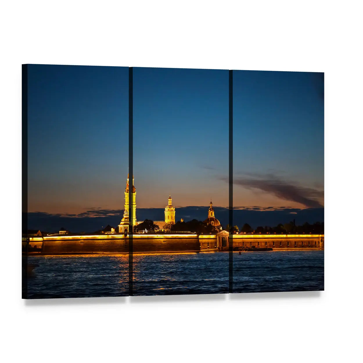 Peter and Paul Fortress on Hare Island at Night Canvas Wall Art, 3 panel 3 Horizontal layout gallery wrapped canvas set, angled product view