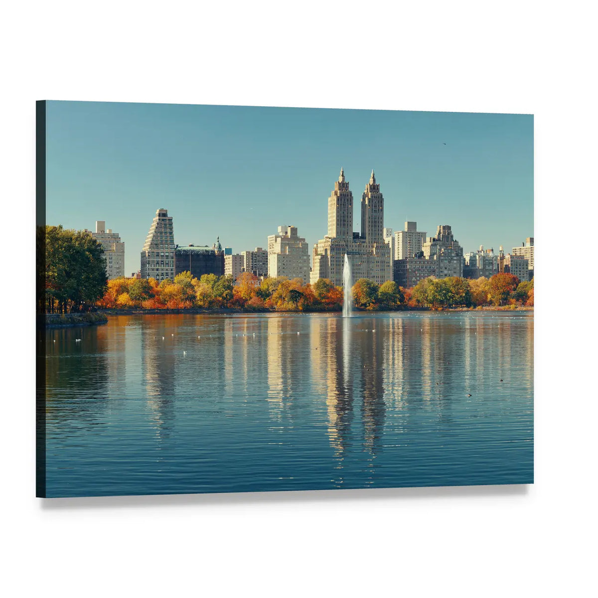 Manhattan Skyline Over Lake with Fountain Canvas Wall Art, single panel gallery wrapped canvas, angled product view