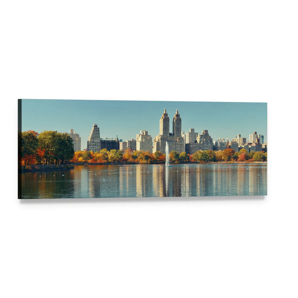 Manhattan Skyscrapers and Fountain Over Lake Panoramic Canvas Wall Art, single panel gallery wrapped canvas, angled product view