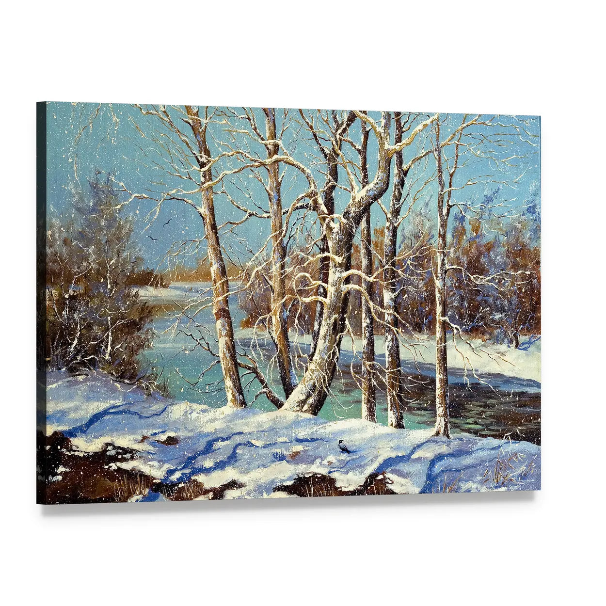 Winter River with Snowy Bank Canvas Wall Art, single panel gallery wrapped canvas, angled product view