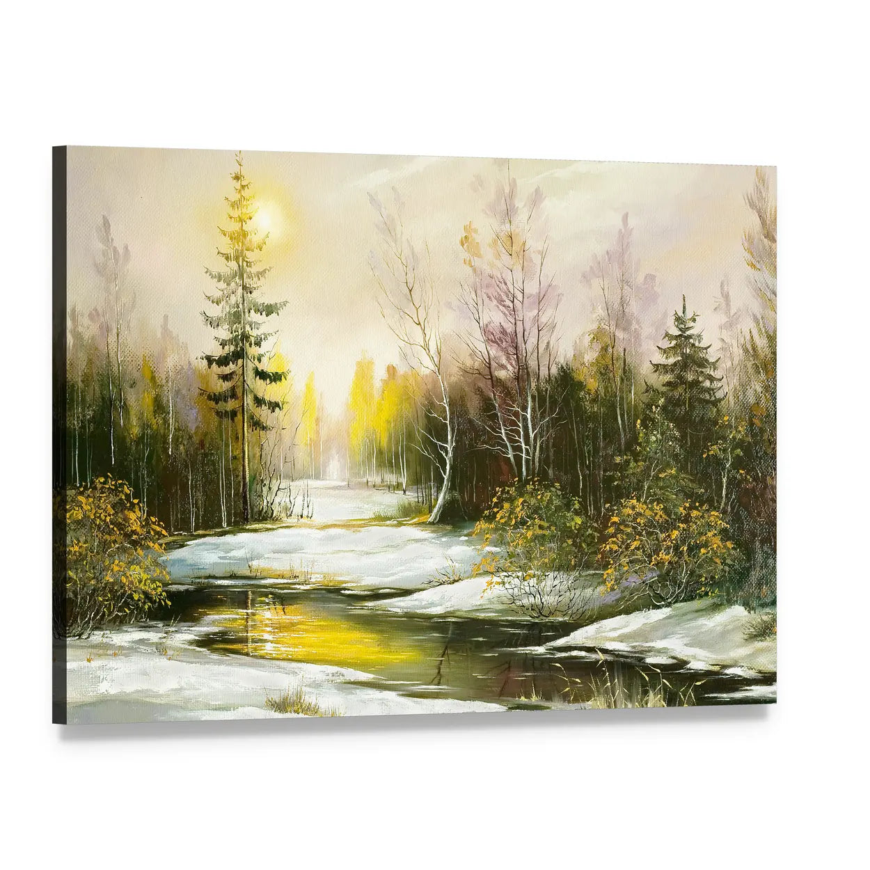 Winter Riverbank with Golden Light Canvas Wall Art, single panel gallery wrapped canvas, angled product view