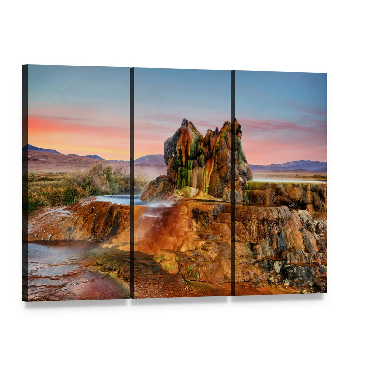 Fly Geyser Nevada Colorful Geothermal Pools Canvas Wall Art, 3 panel 3 Horizontal layout gallery wrapped canvas set, angled product view