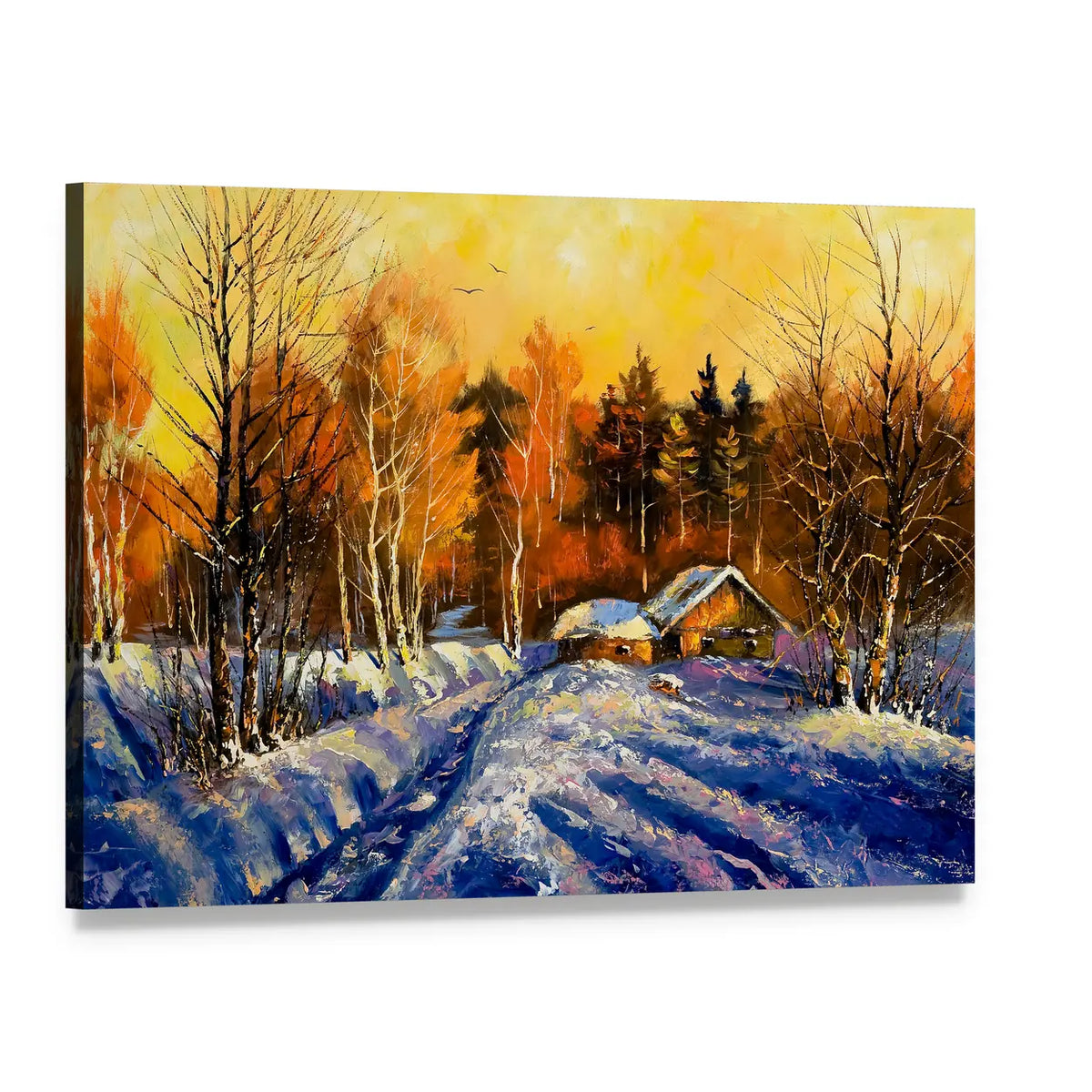 Winter Village at Dusk Canvas Wall Art, single panel gallery wrapped canvas, angled product view