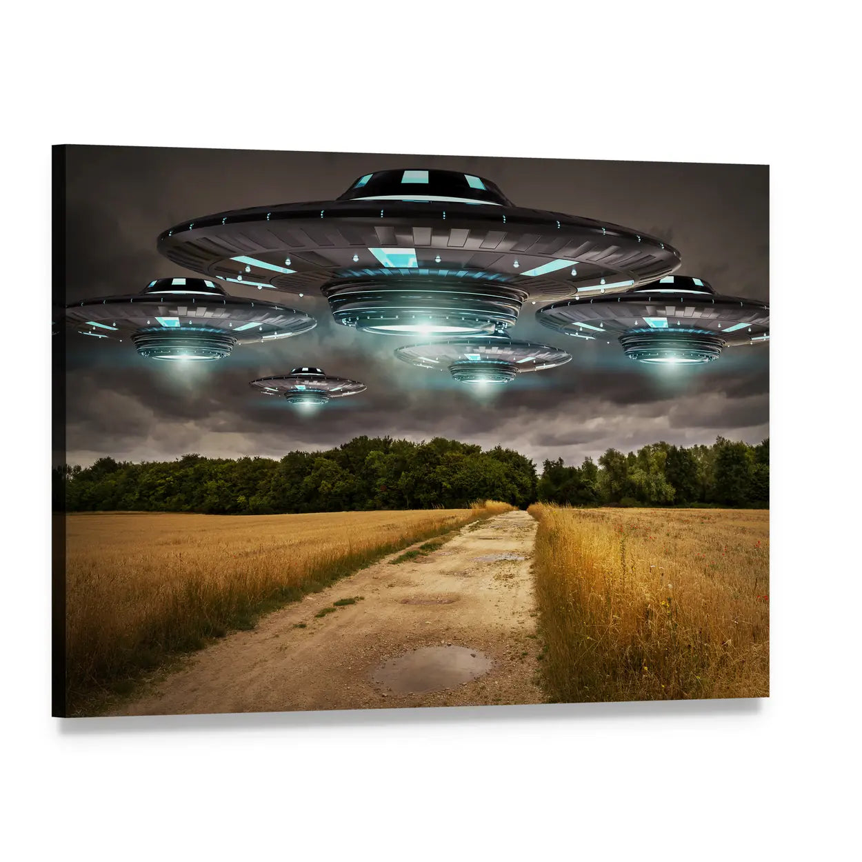 Ufo Fleet Over Rural Road Canvas Wall Art, single panel gallery wrapped canvas, angled product view