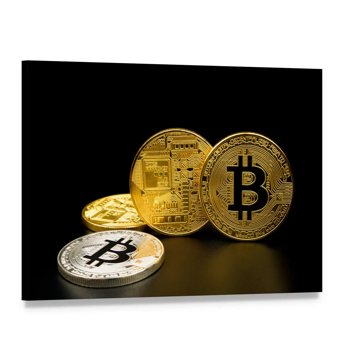 Silver and Gold Bitcoin Coins Canvas Wall Art, single panel gallery wrapped canvas, angled product view