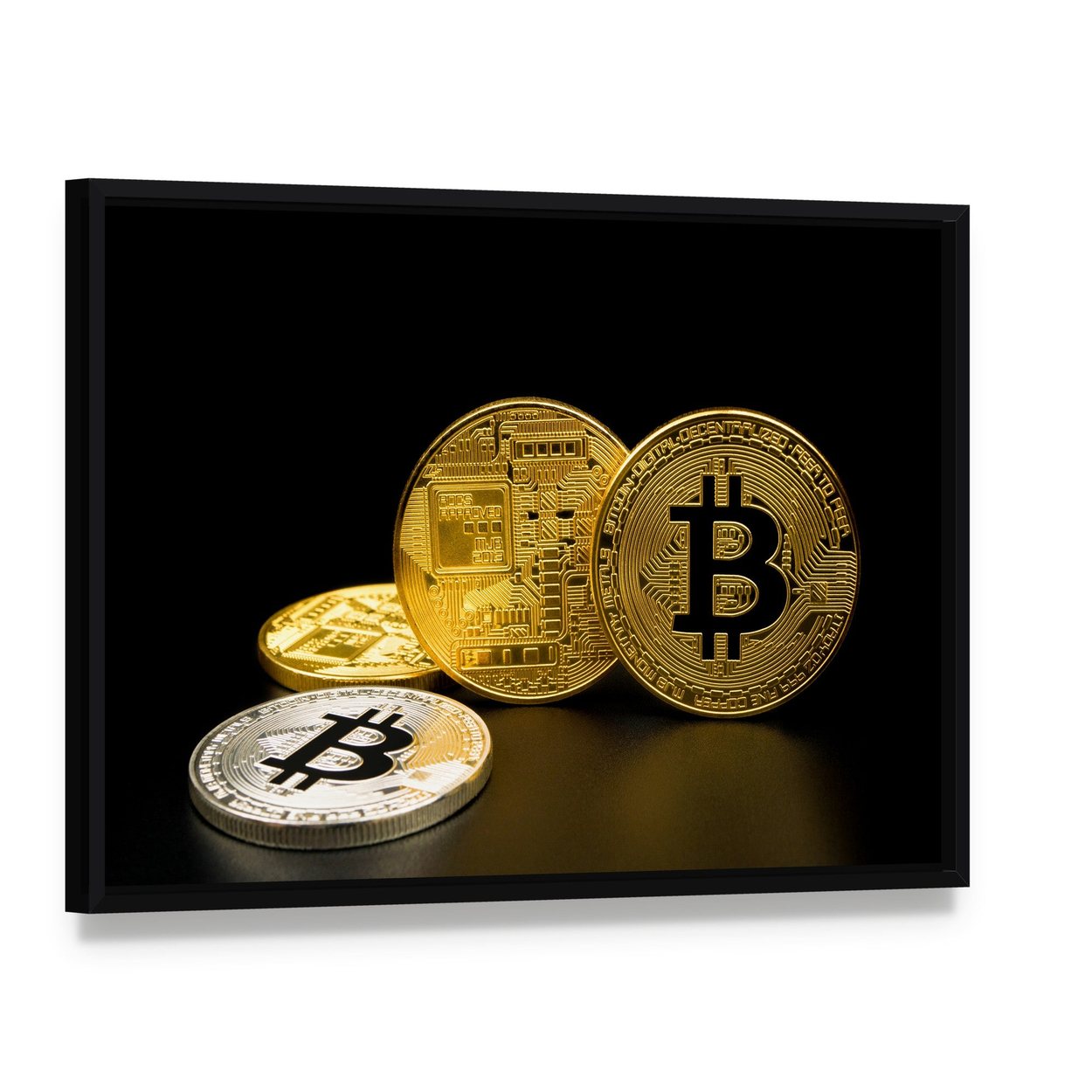 Two Gold and One Silver Bitcoin Coins Canvas Wall Art, framed canvas in a black floater frame, angled product view