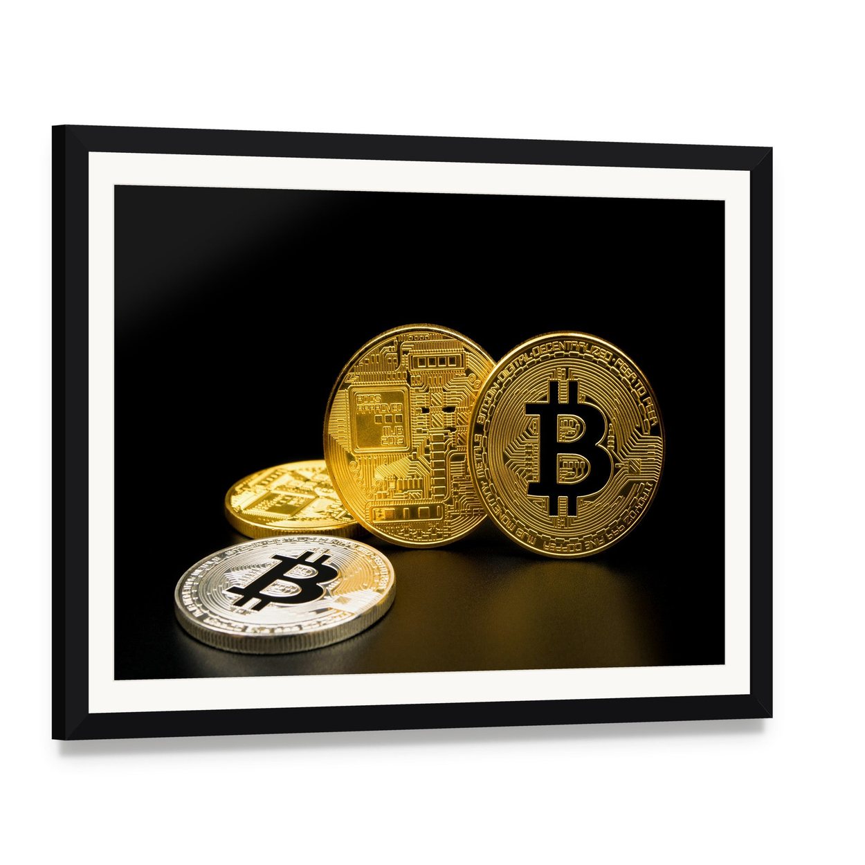 Two Gold and One Silver Bitcoin Coins Canvas Wall Art, framed print with white mat and black frame, angled product view