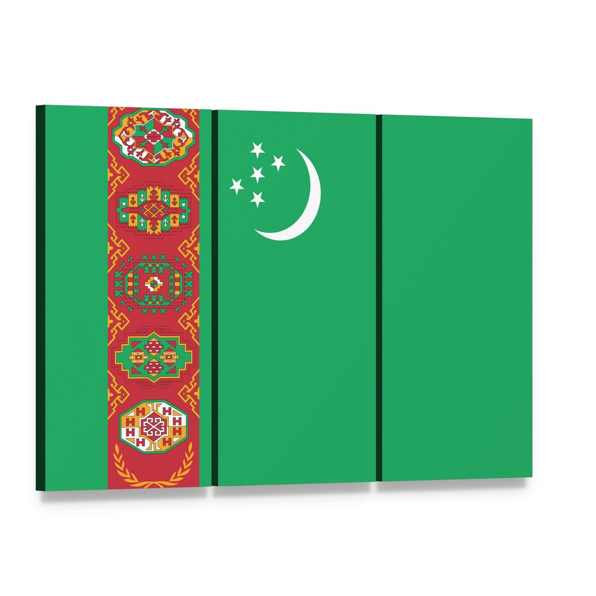 Turkmenistan National Flag with Ornamental Band Canvas Wall Art, 3 panel 3 Horizontal layout gallery wrapped canvas set, angled product view