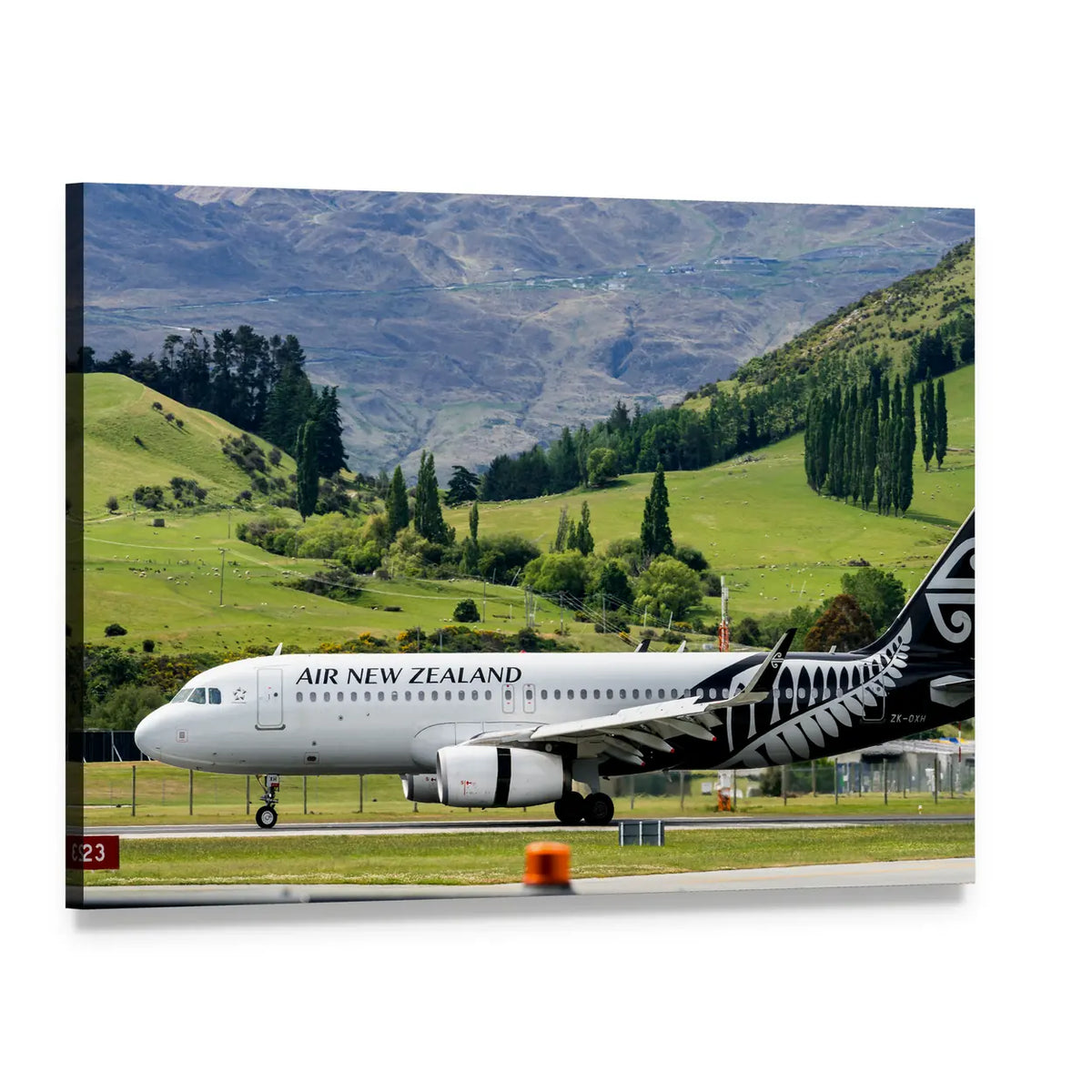 Airplane at Queenstown Airport Canvas Wall Art, single panel gallery wrapped canvas, angled product view