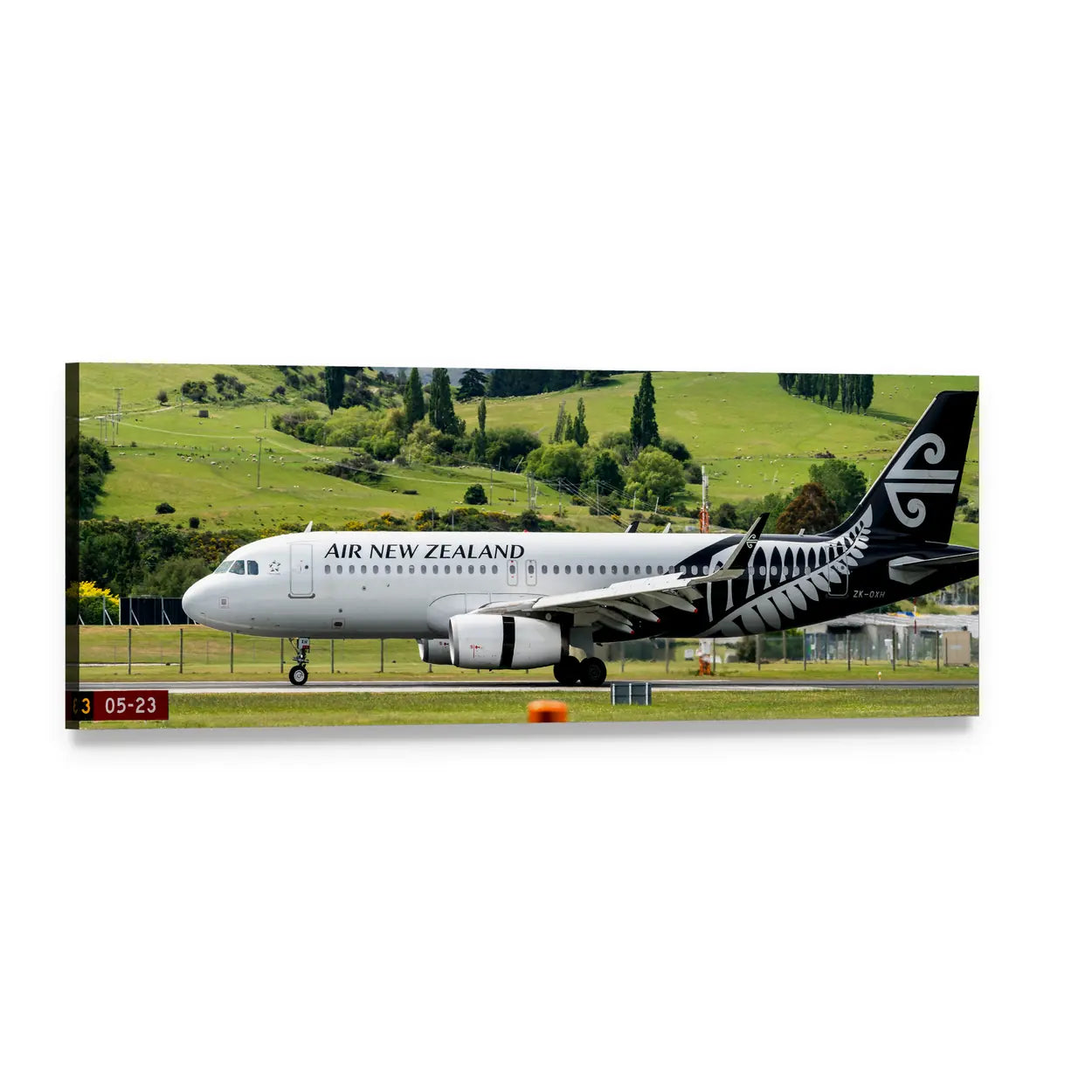 Air New Zealand Airplane Panoramic Canvas Wall Art, single panel gallery wrapped canvas, angled product view