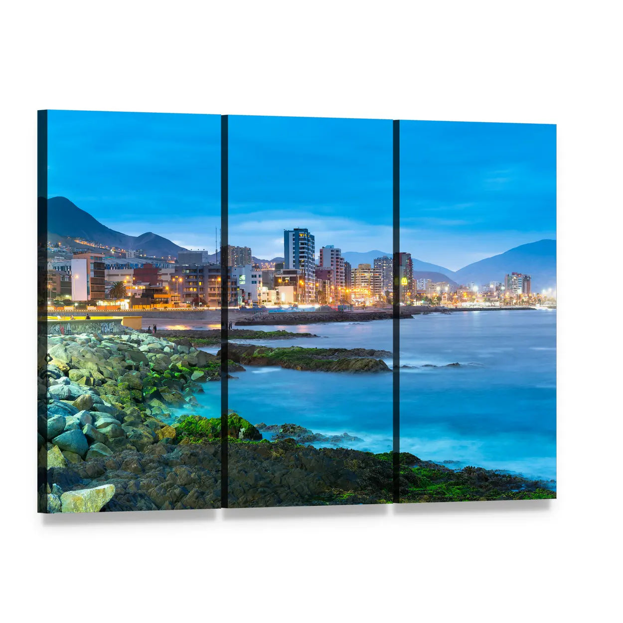 Antofagasta Coastline at Dusk Canvas Wall Art, 3 panel 3 Horizontal layout gallery wrapped canvas set, angled product view
