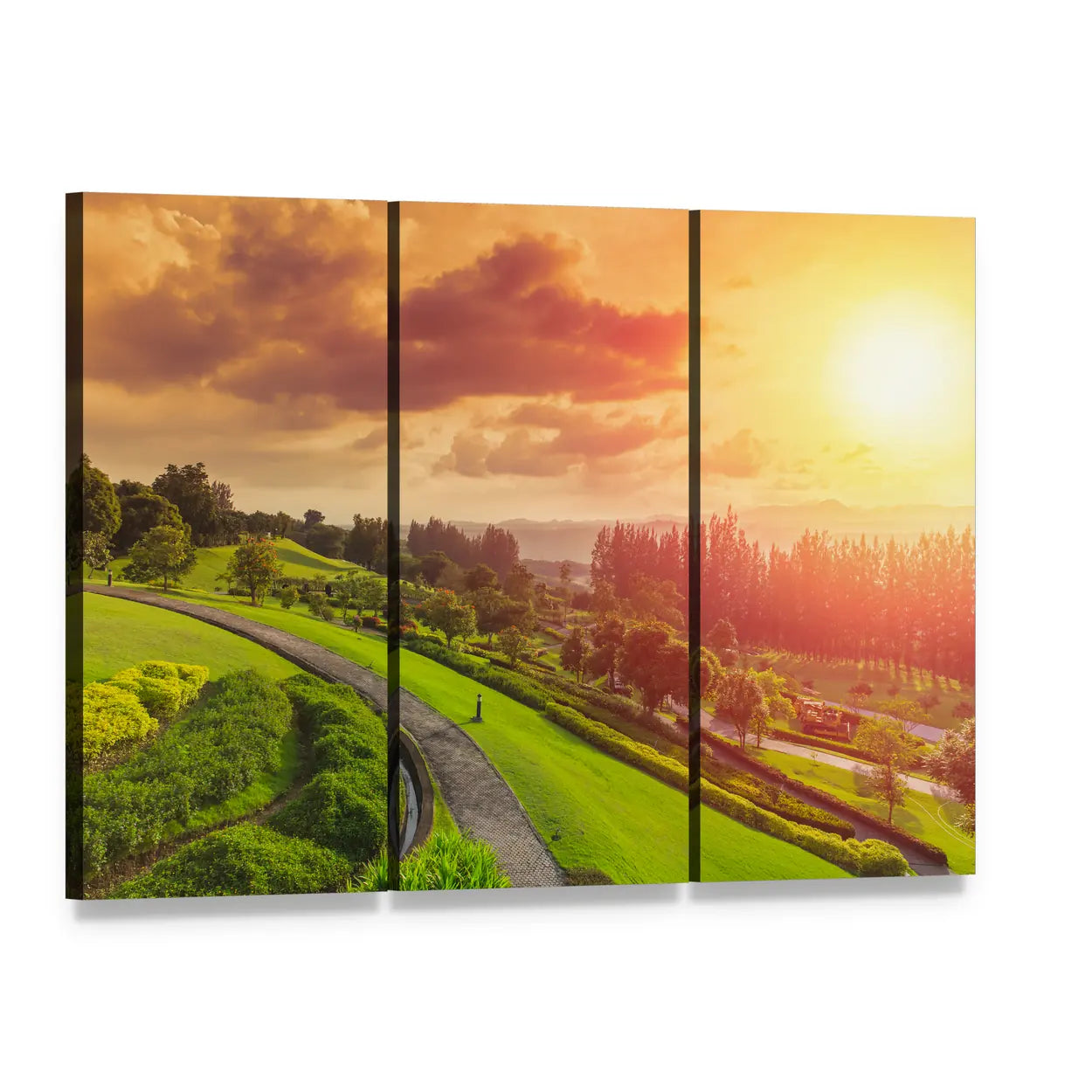 Green Park at Sunset with Winding Path Canvas Wall Art, 3 panel 3 Horizontal layout gallery wrapped canvas set, angled product view