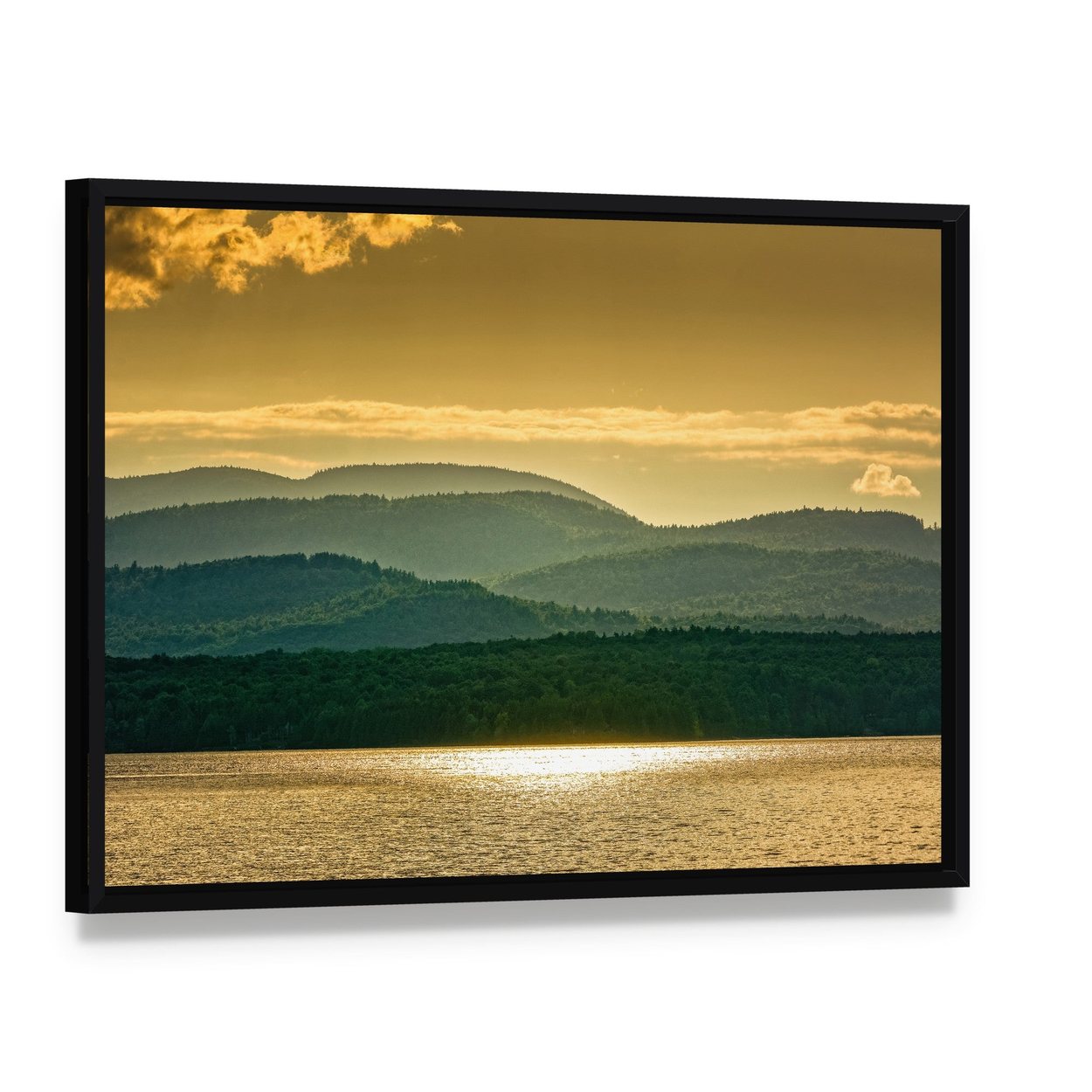 Lake Champlain at Sunset Canvas Wall Art, framed canvas in a black floater frame, angled product view