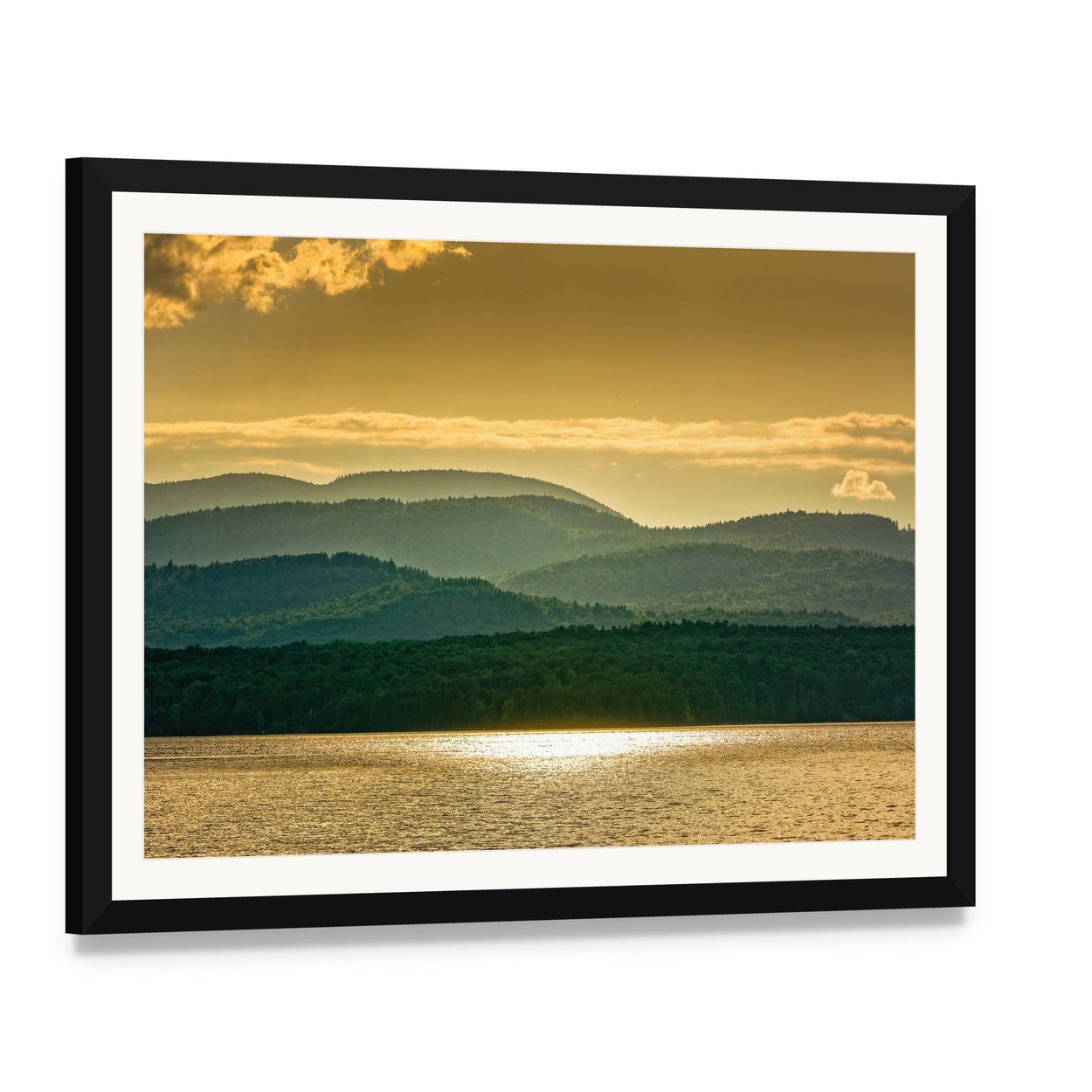 Lake Champlain at Sunset Canvas Wall Art, framed print with white mat and black frame, angled product view