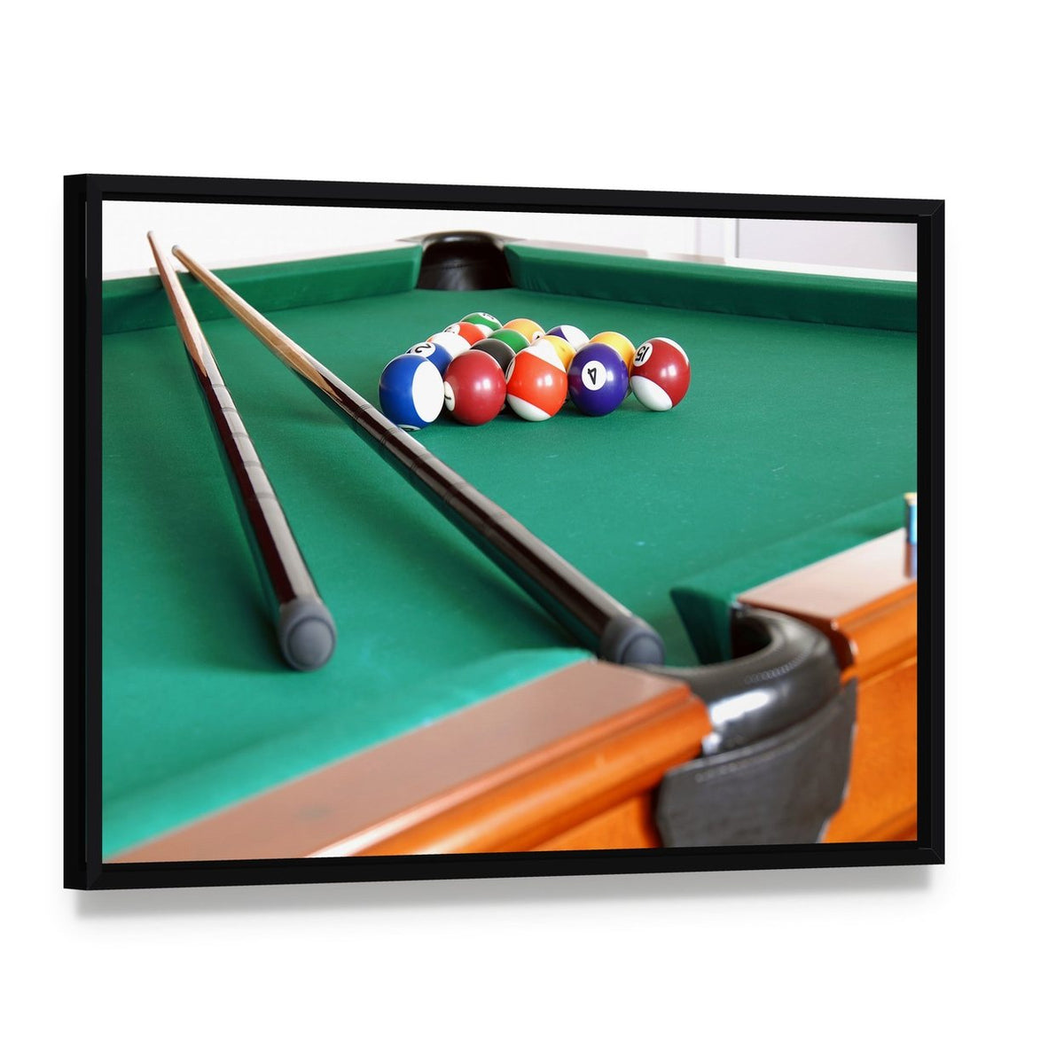 Snooker Balls & Cues Canvas Wall Art, framed canvas in a black floater frame, angled product view