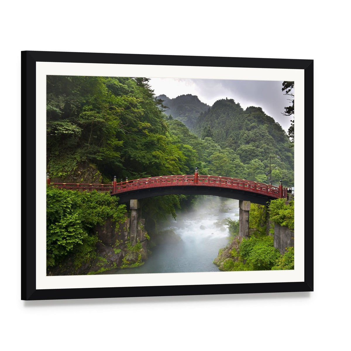 Red Sacred Bridge Shinkyo in Nikko Canvas Wall Art, framed print with white mat and black frame, angled product view