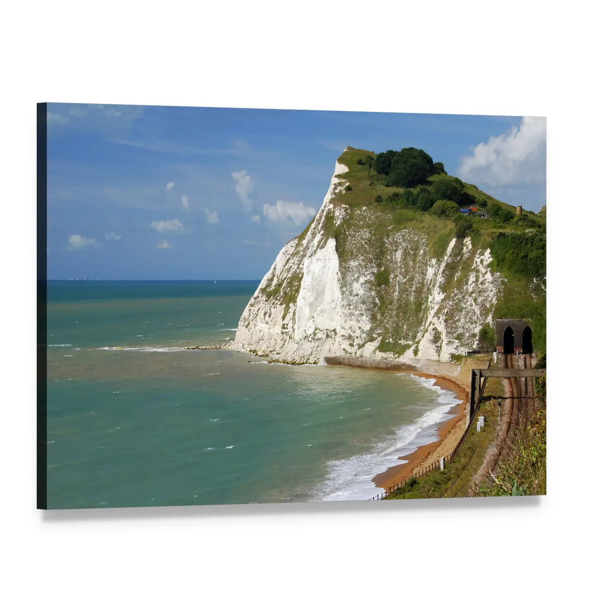 White Cliffs and Coastal Railway Canvas Wall Art, single panel gallery wrapped canvas, angled product view