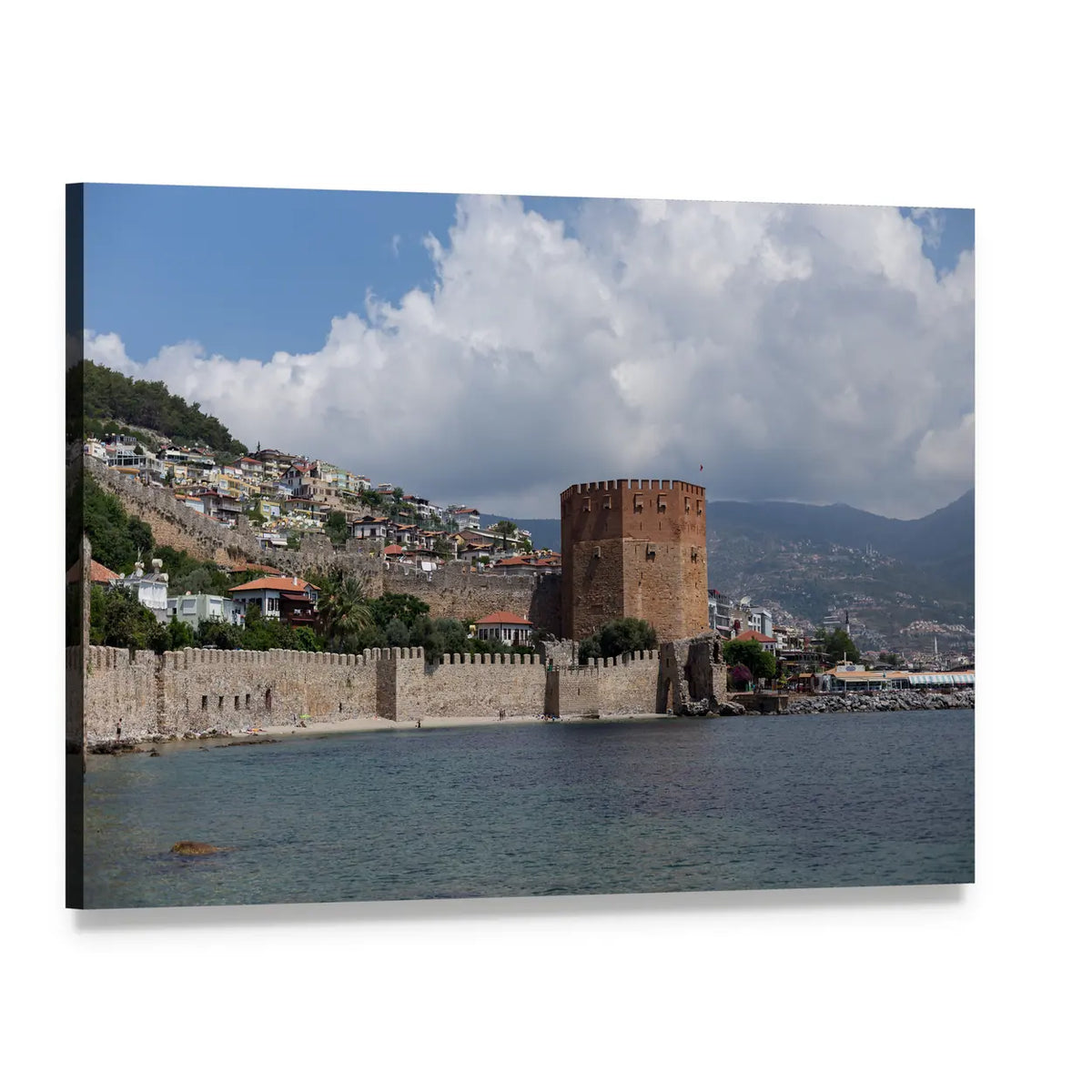 Red Tower and Castle , Alanya Turkey Canvas Wall Art, single panel gallery wrapped canvas, angled product view