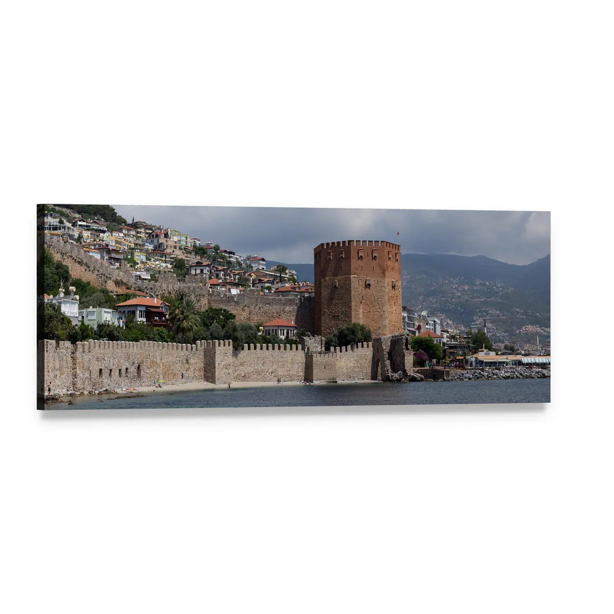 Red Tower and Castle , Alanya Panoramic Canvas Wall Art, single panel gallery wrapped canvas, angled product view