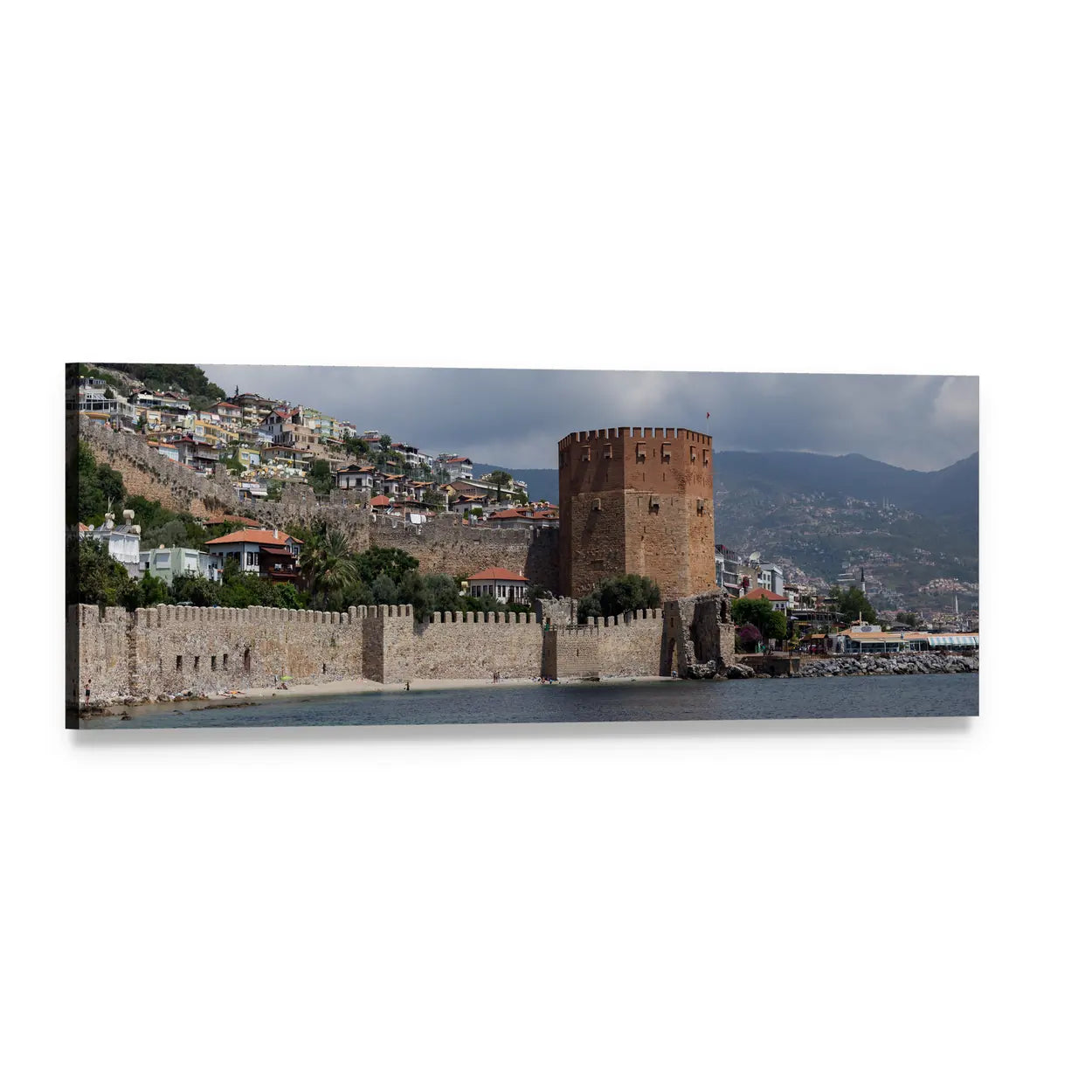 Red Tower and Castle , Alanya Panoramic Canvas Wall Art, single panel gallery wrapped canvas, angled product view