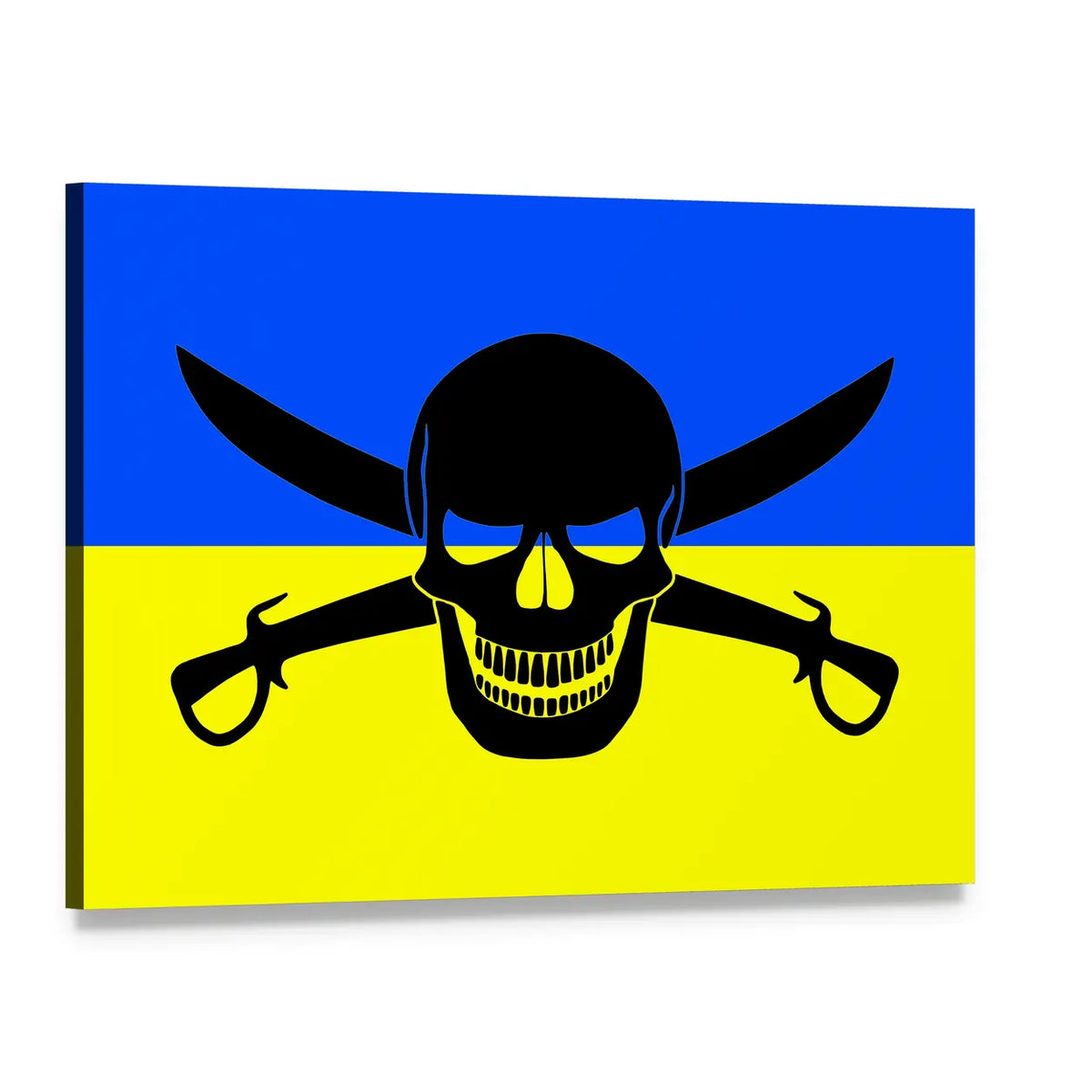 Ukrainian Flag with Black Jolly Roger Canvas Wall Art, single panel gallery wrapped canvas, angled product view