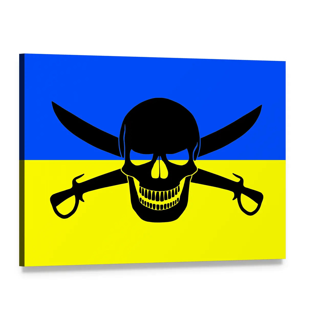 Ukrainian Flag with Black Jolly Roger Canvas Wall Art, single panel gallery wrapped canvas, angled product view