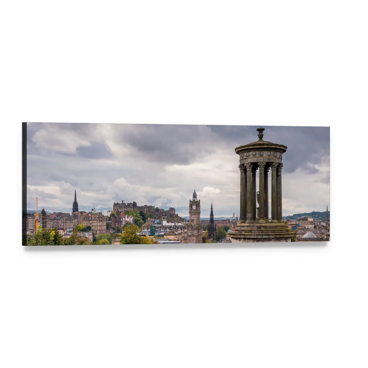 Dugald Stewart Monument and Edinburgh Skyline Panoramic Canvas Wall Art, single panel gallery wrapped canvas, angled product view
