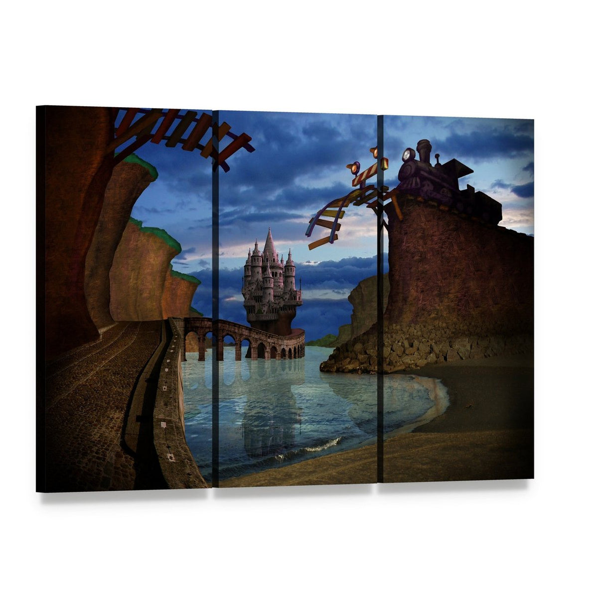 Broken Railway Bridge with Train at Dusk Canvas Wall Art, 3 panel 3 Horizontal layout gallery wrapped canvas set, angled product view