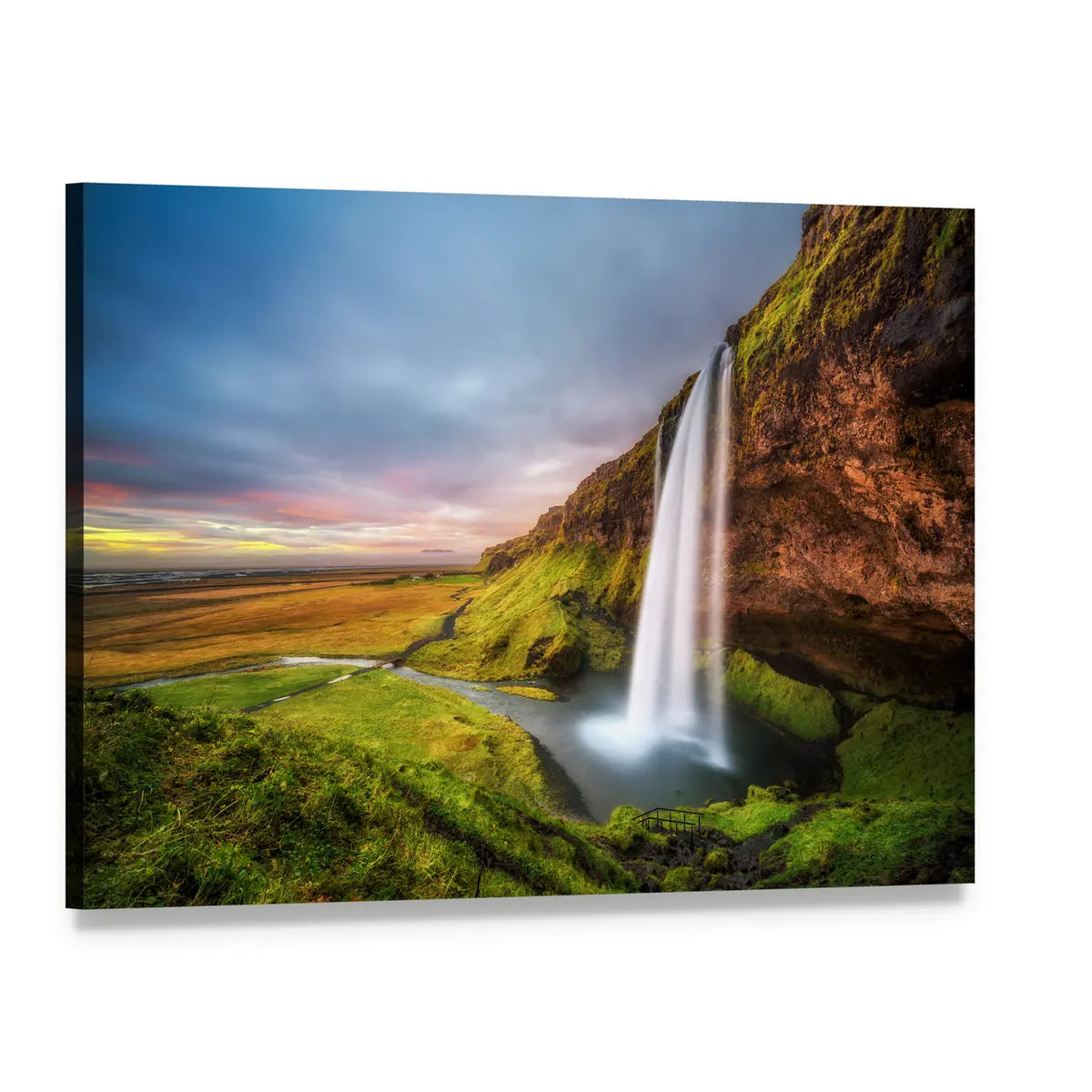 Seljalandsfoss Waterfall At Sunset In Iceland Canvas Wall Art, single panel gallery wrapped canvas, angled product view
