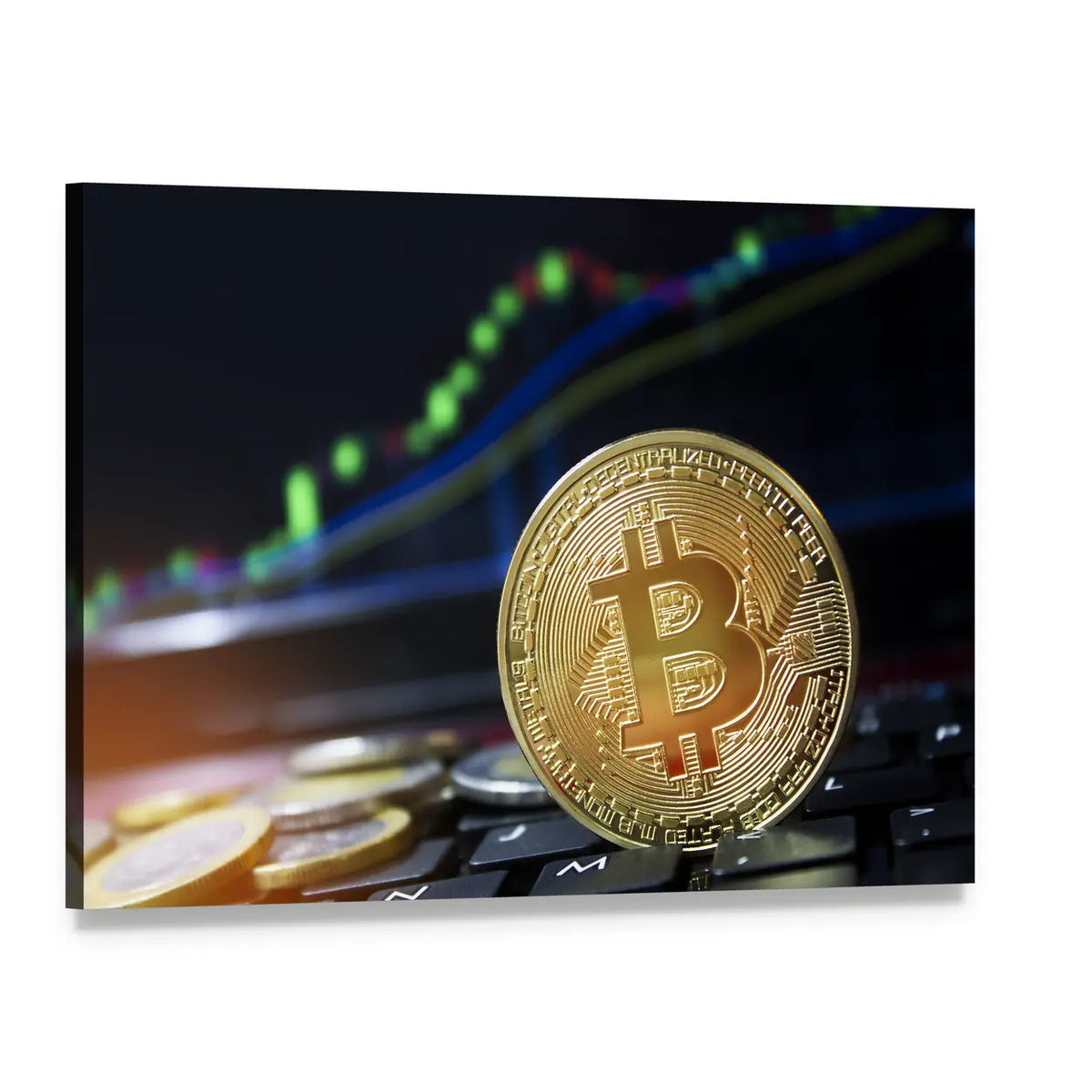 Etched Bitcoin on Black Mechanical Keyboard Canvas Wall Art, single panel gallery wrapped canvas, angled product view
