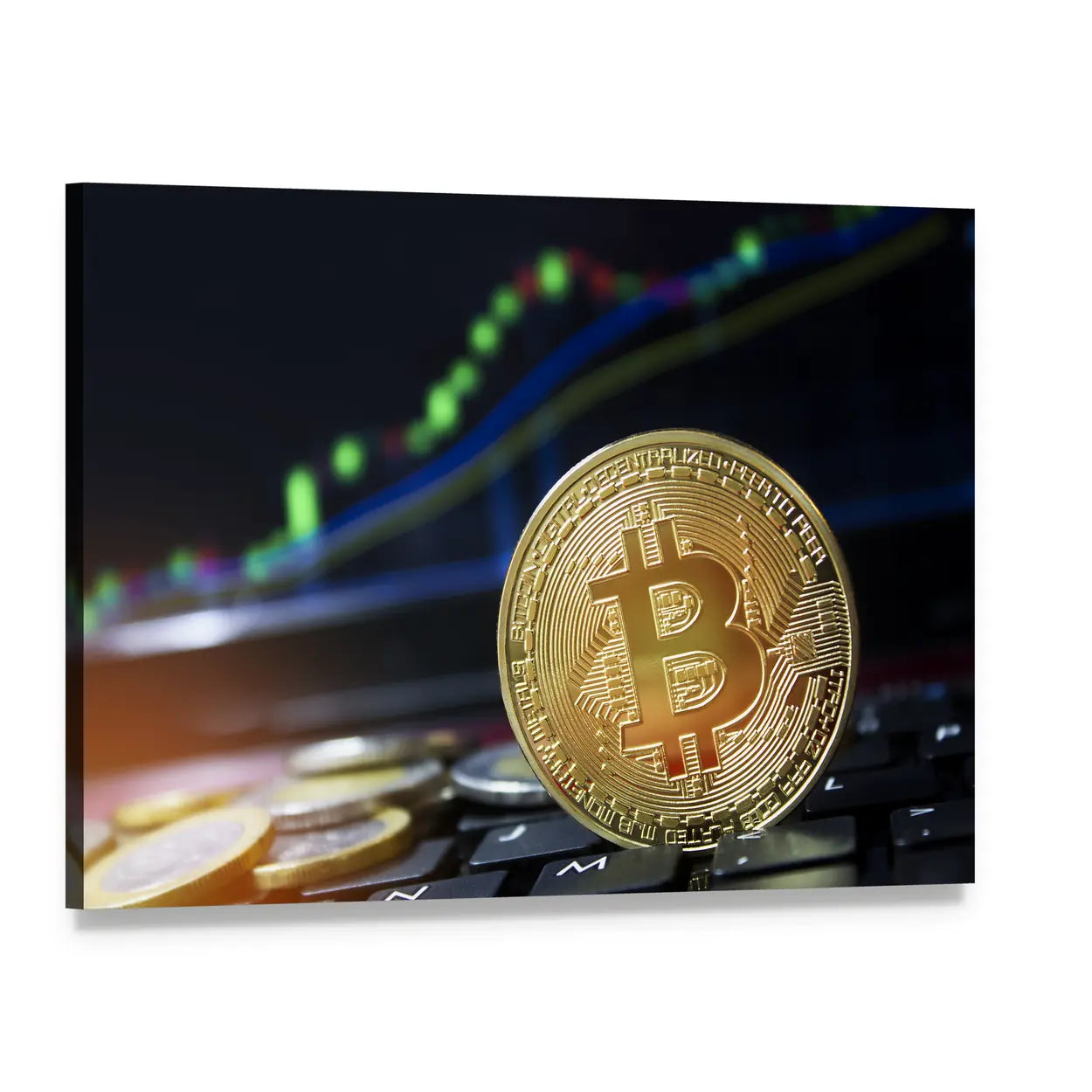 Etched Bitcoin on Black Mechanical Keyboard Canvas Wall Art, single panel gallery wrapped canvas, angled product view