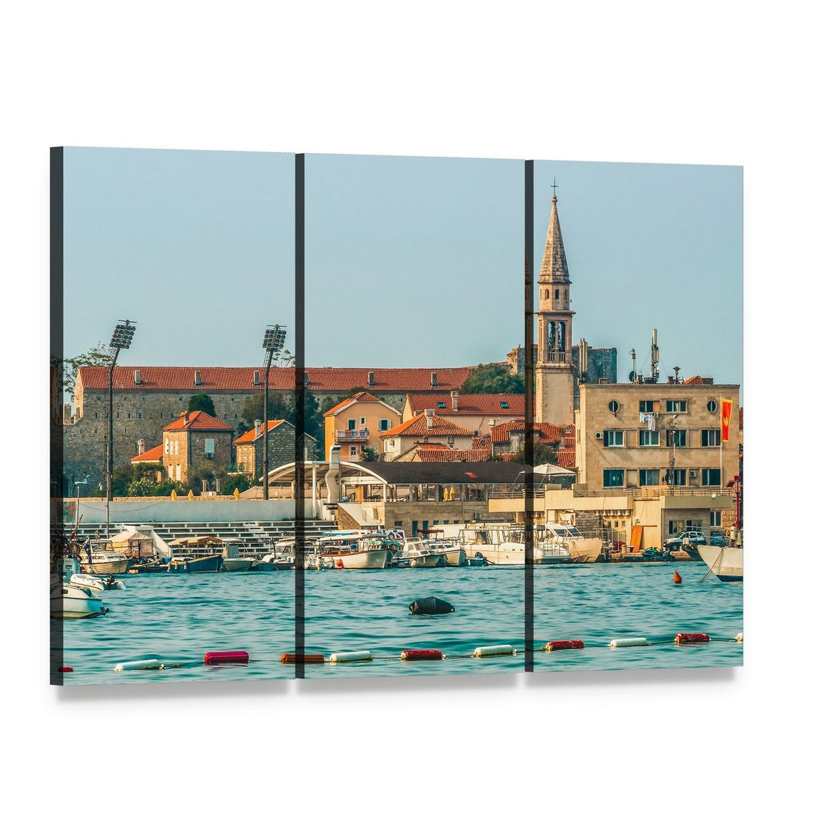 Budva Old Town Harbor View Canvas Wall Art, 3 panel 3 Horizontal layout gallery wrapped canvas set, angled product view